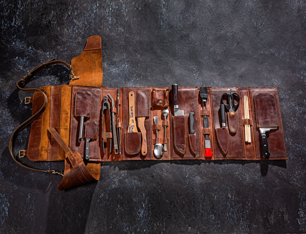 Leather chef knife roll organizer with Ukrainian symbol – handmade by Mureli