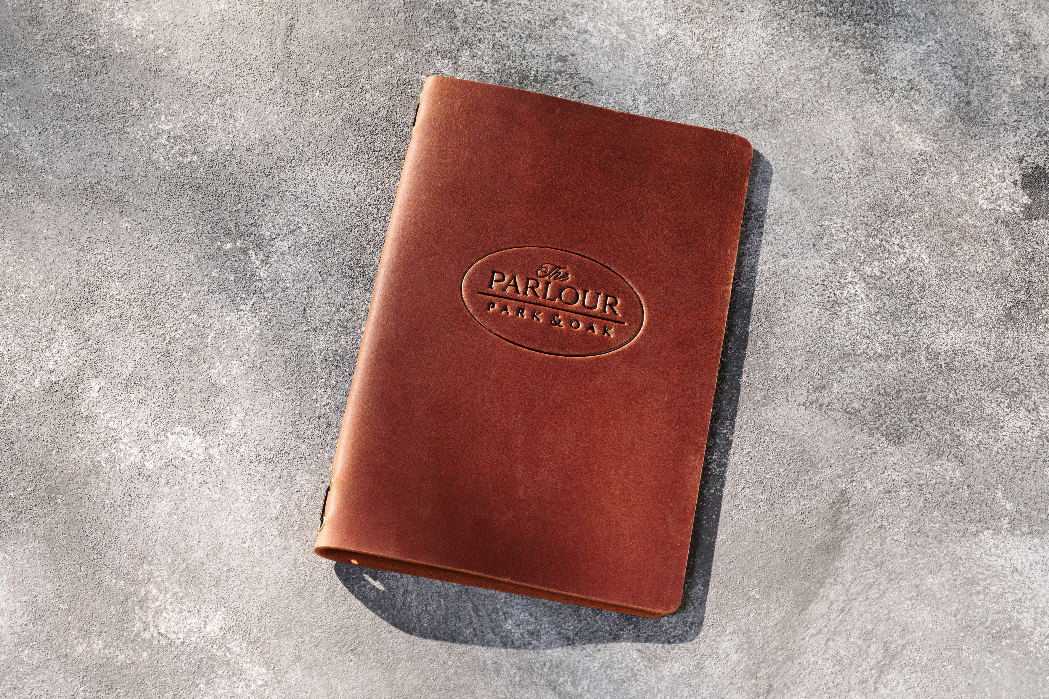Custom Logo Copper Leather Menu Cover, Elastic String Binding