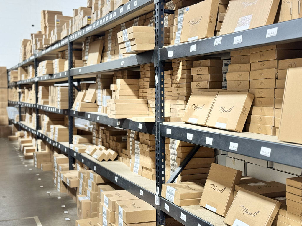 Mureli U.S. warehouse shelves filled with eco-friendly branded packaging ready for fast shipping across America