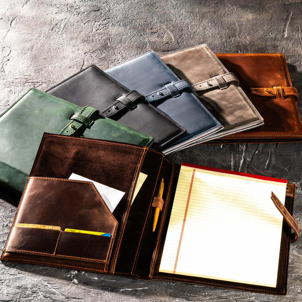 Personalized Crazy Horse leather portfolios and padfolios in multiple colors with suede interiors, document pockets and writing pad holder