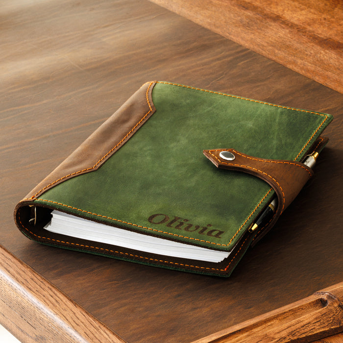 Forest Green Leather Journal – Handcrafted Contrast by Mureli