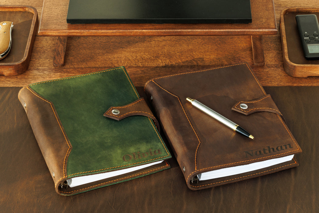 Dark brown Mureli notebook with personalized monogram on cover