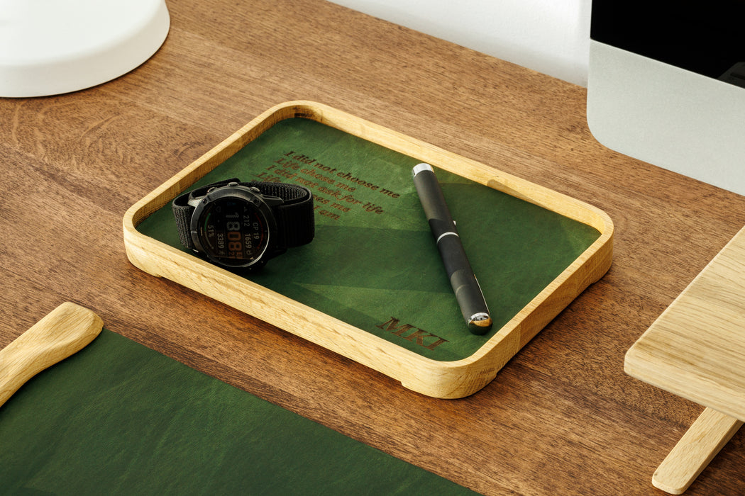 Corporate branded leather tray in honey tone