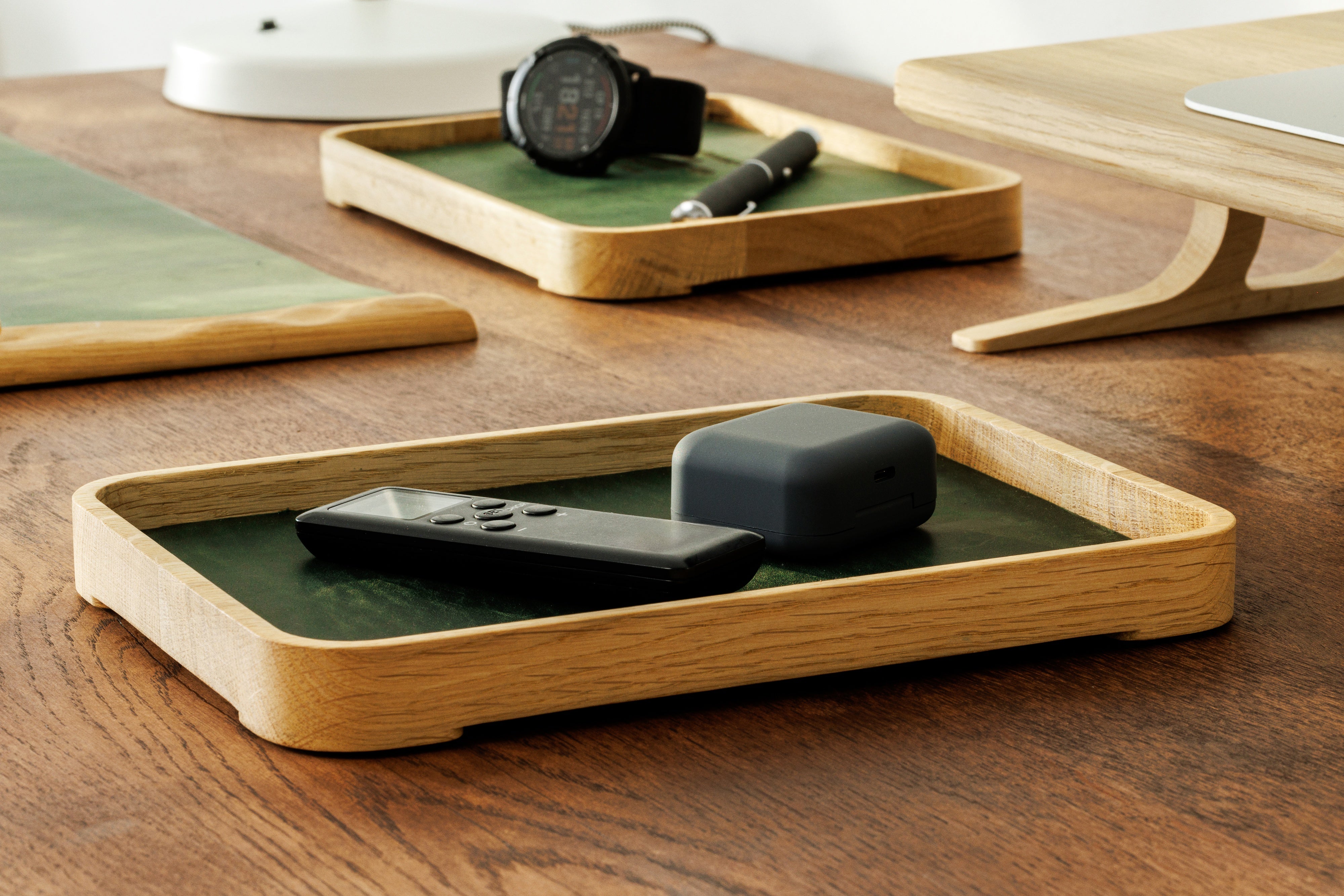 Minimalist desk decor with walnut wood tray