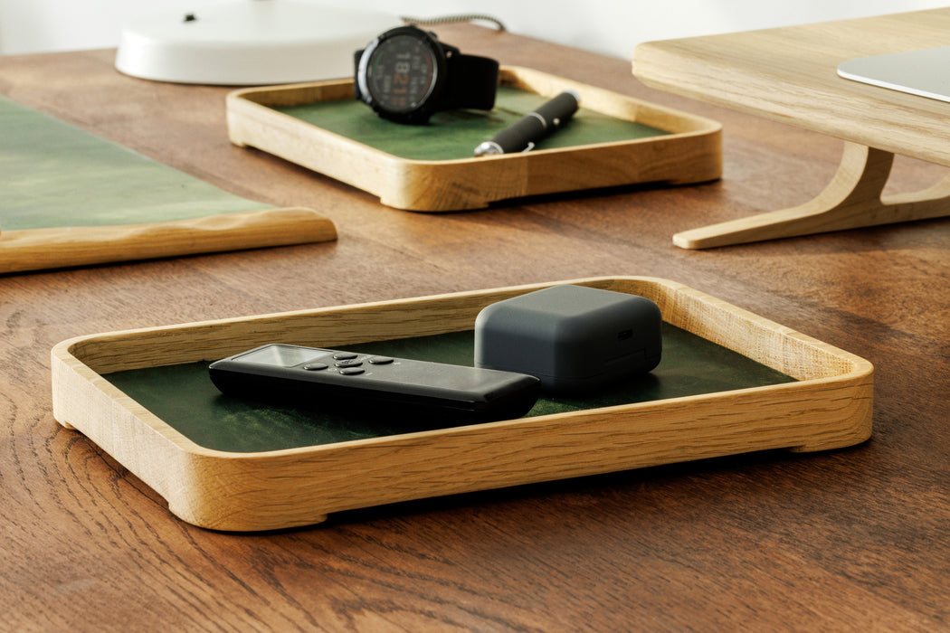 Minimalist desk decor with walnut wood tray