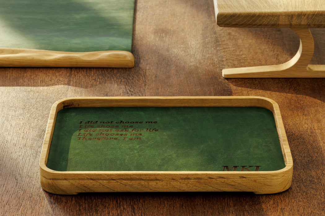 Green suede leather insert inside wood organizer