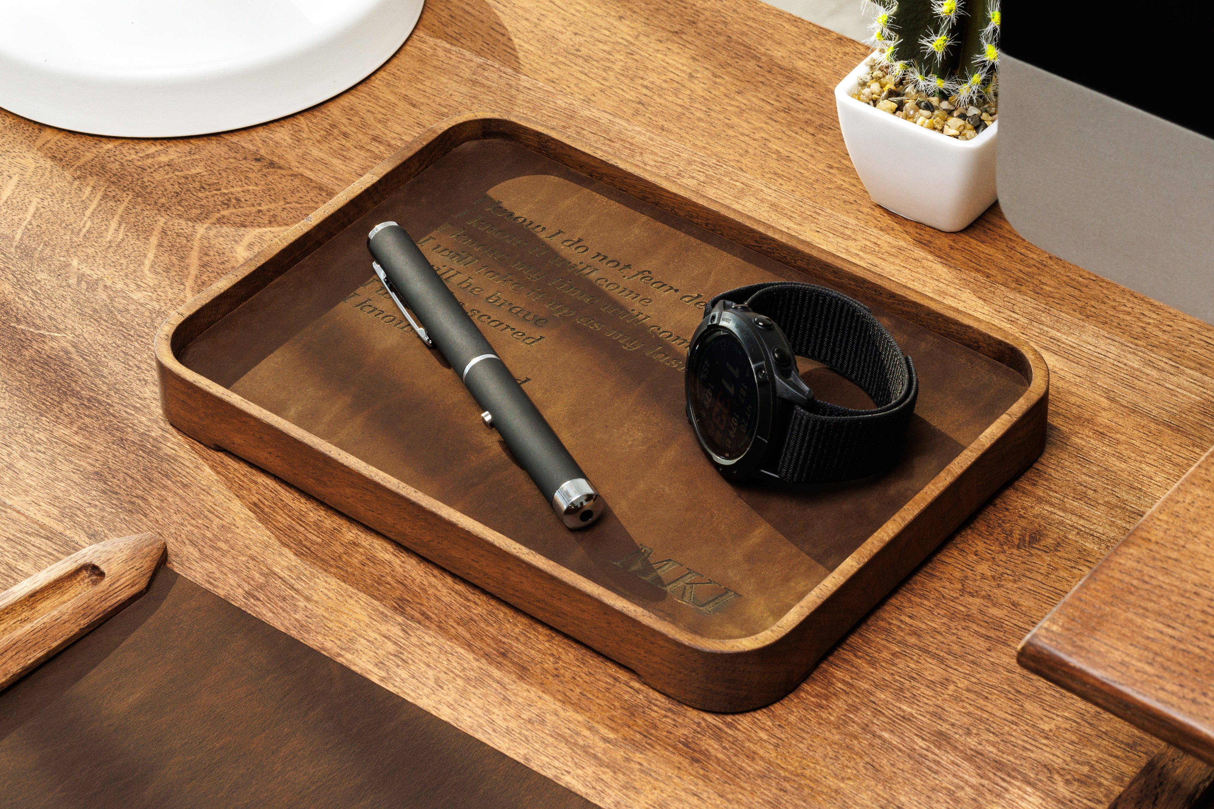 Luxury Wood & Leather Catchall Tray – Handcrafted by Mureli Wood