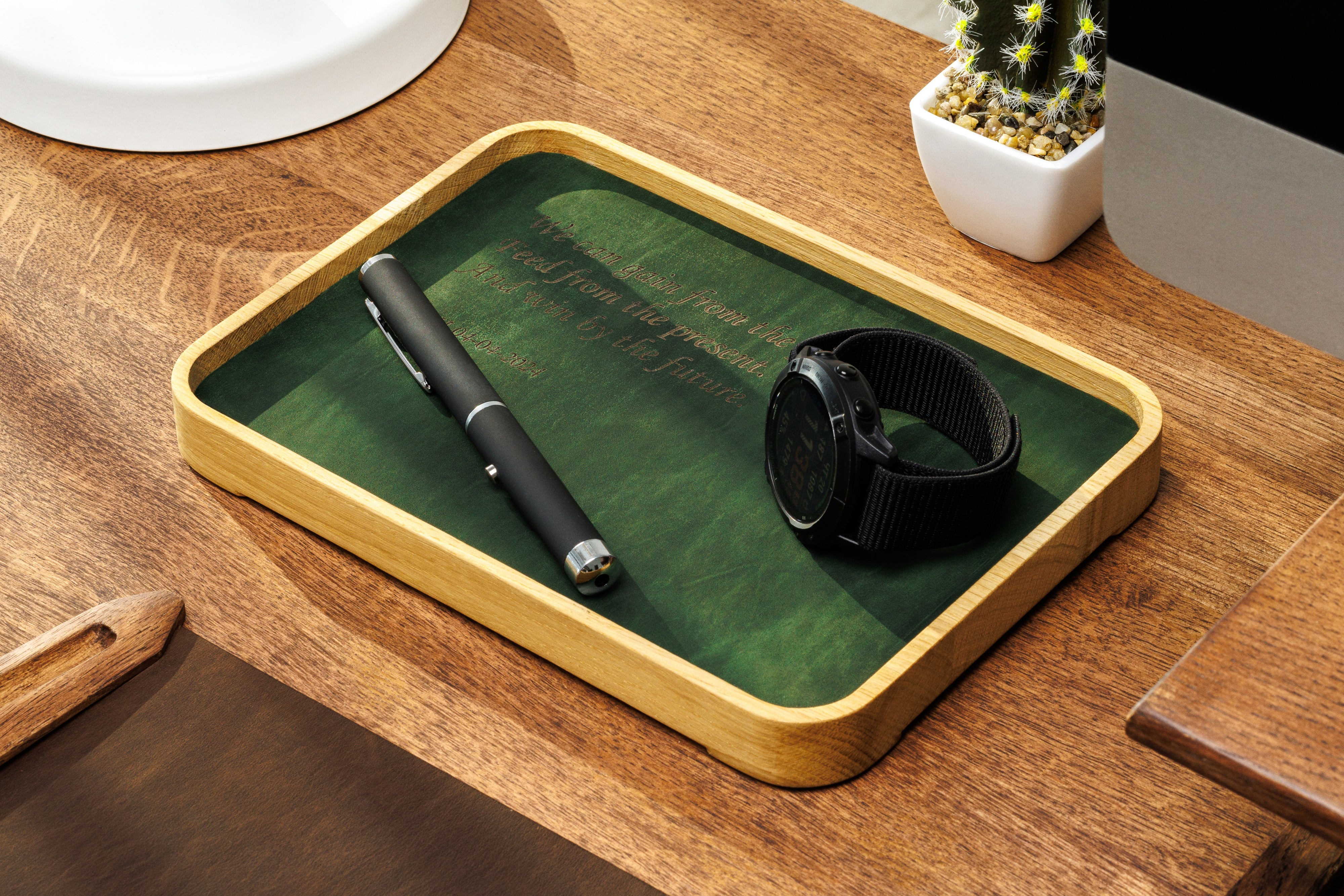 Wooden desk tray with engraved leather base