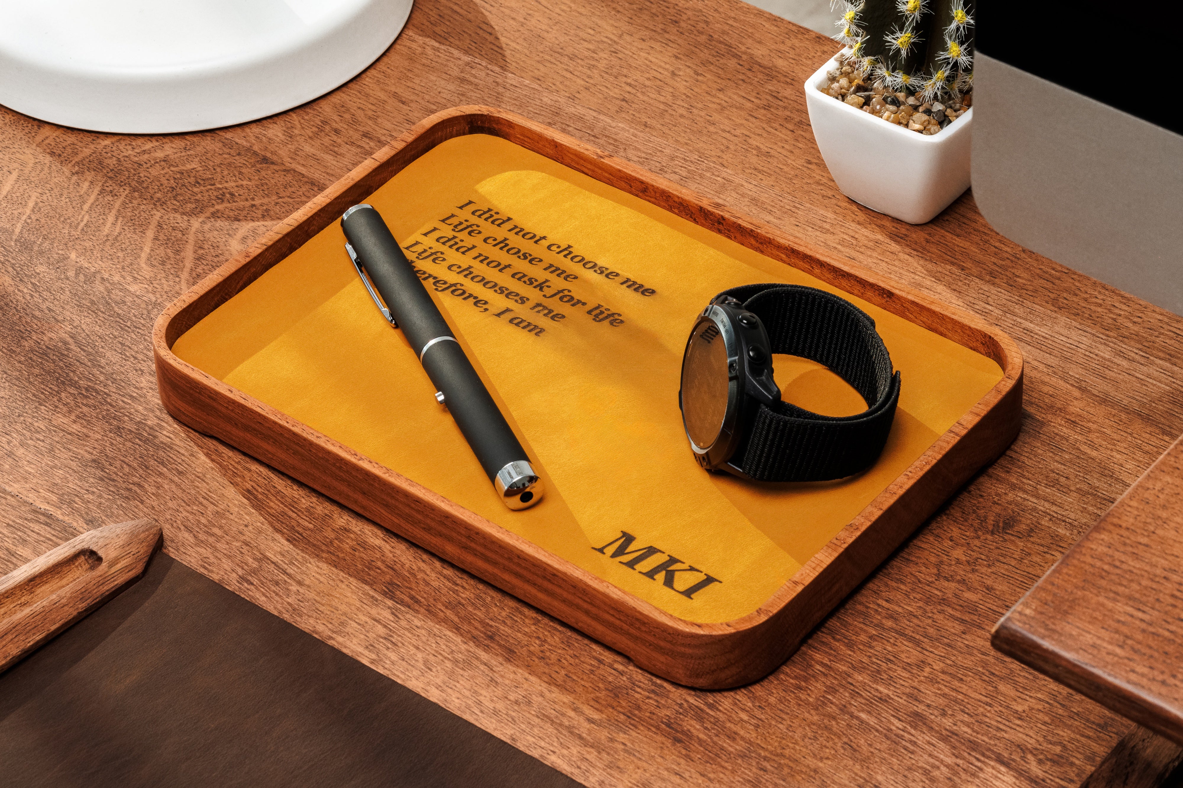 Dark walnut tray on elegant office desk