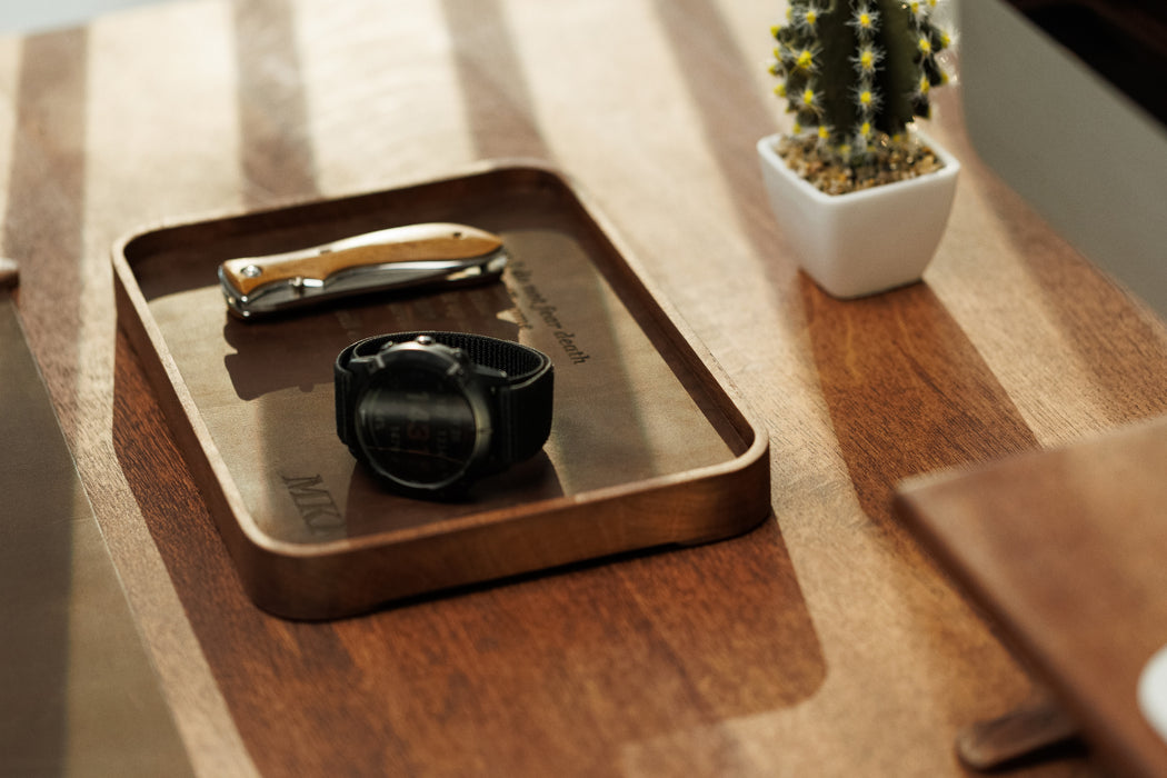 MureliWoodCraft tray catching morning sunlight on desk