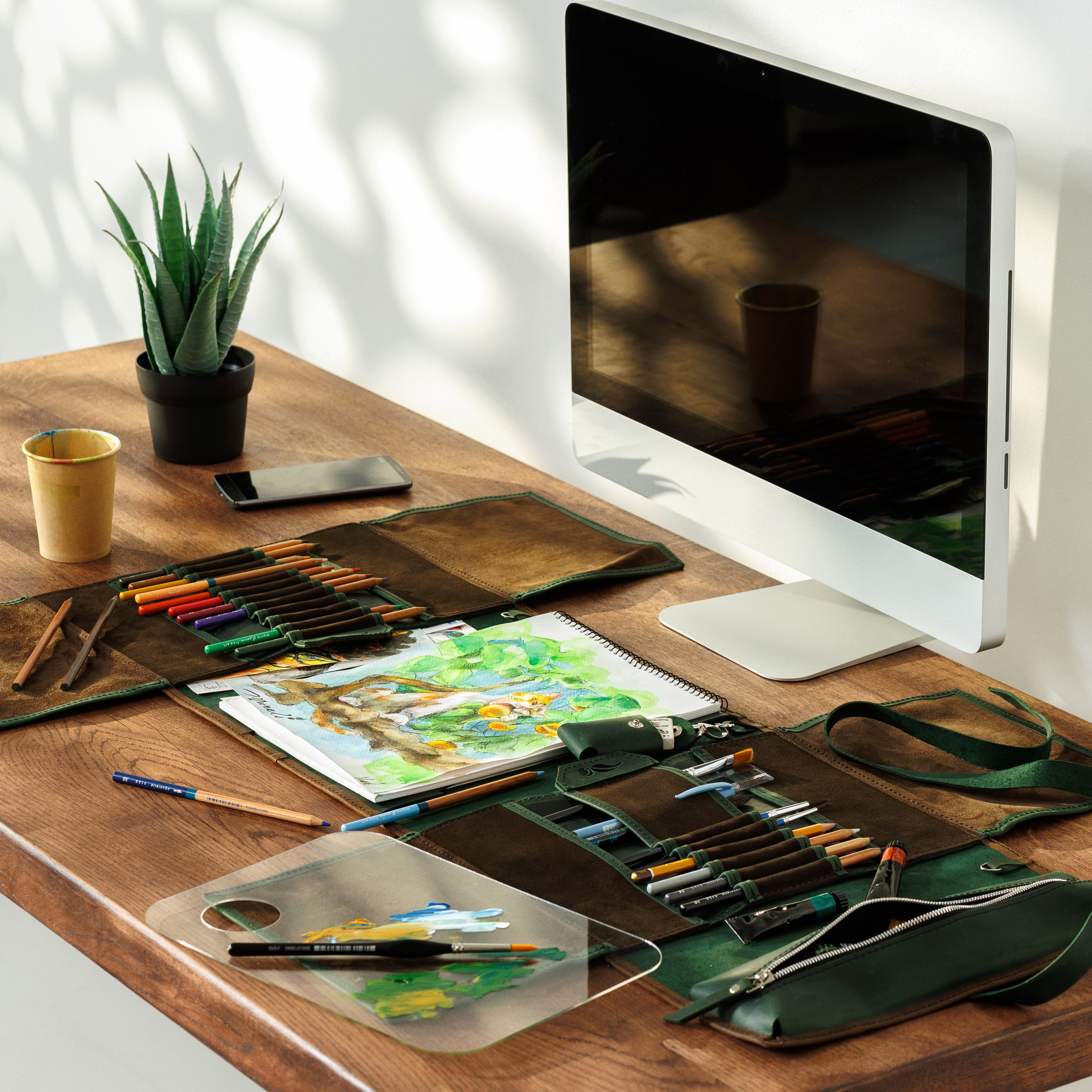 Forest green leather artist roll | Mureli Handmade