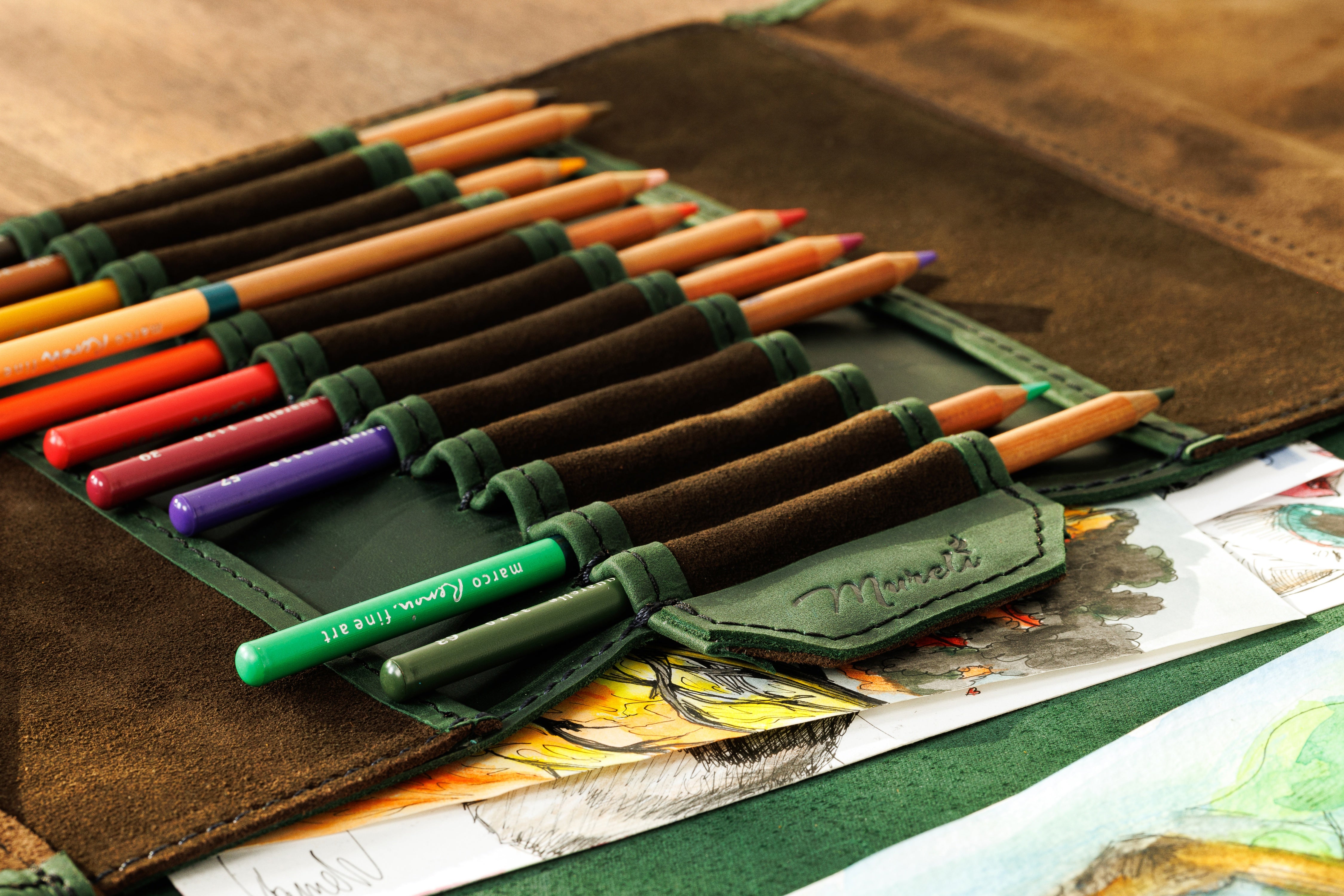 Green brown leather drawing kit | Mureli Workshop