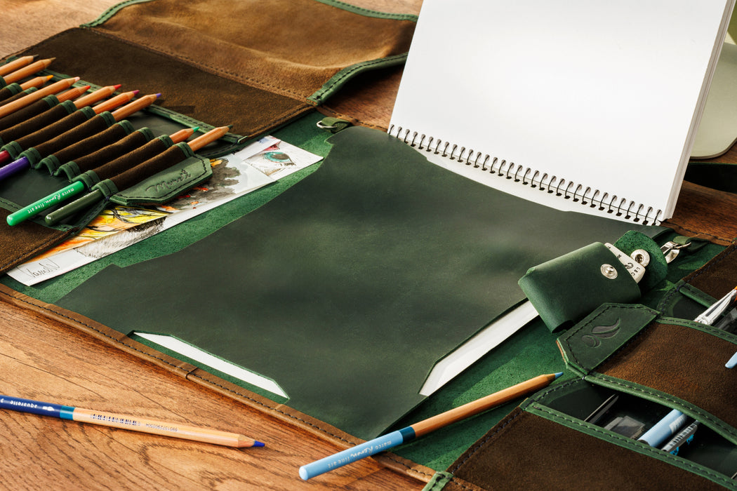 Handmade green and brown leather art case | Inspired by Artemis