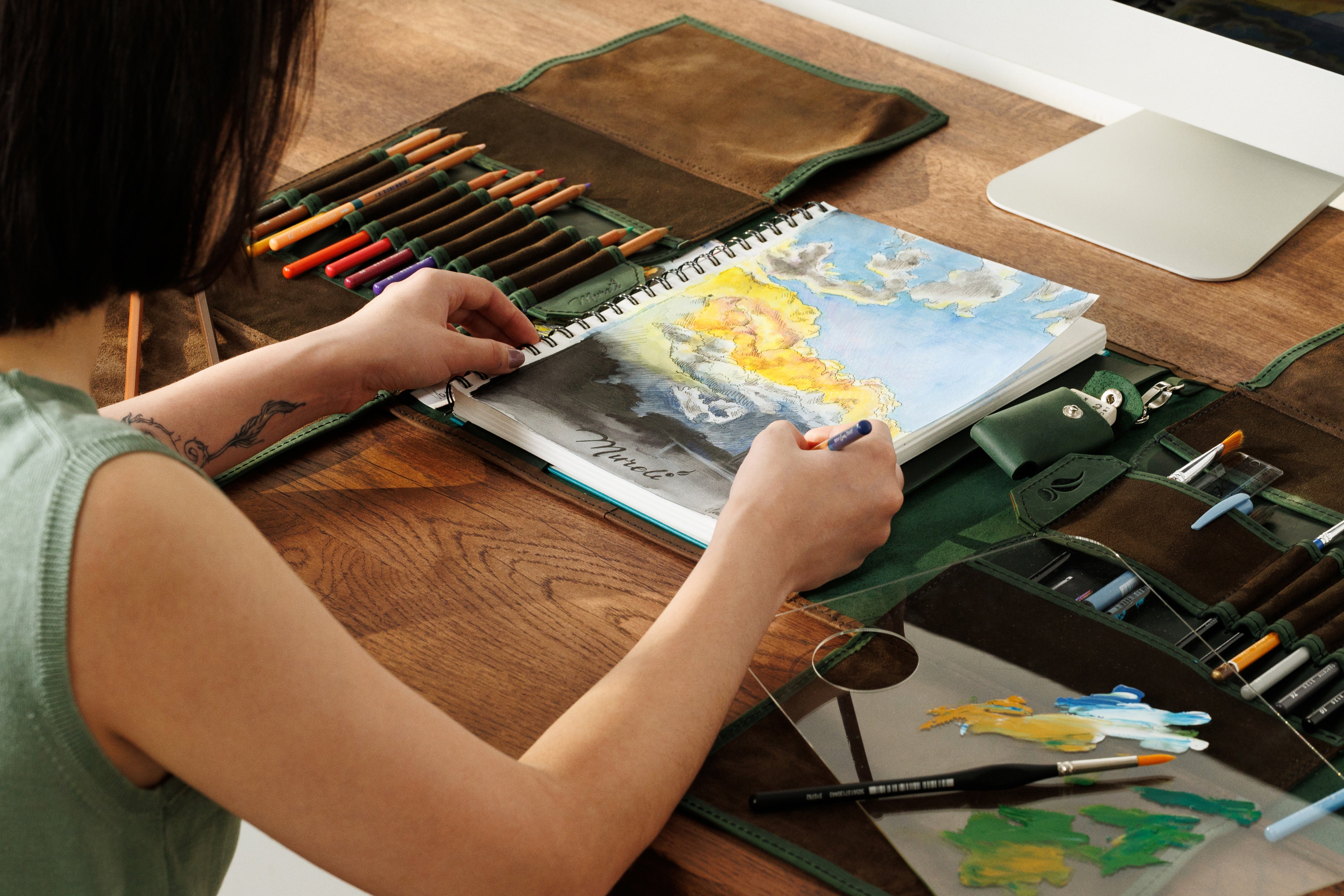 Luxury green brown travel sketch organizer by Mureli