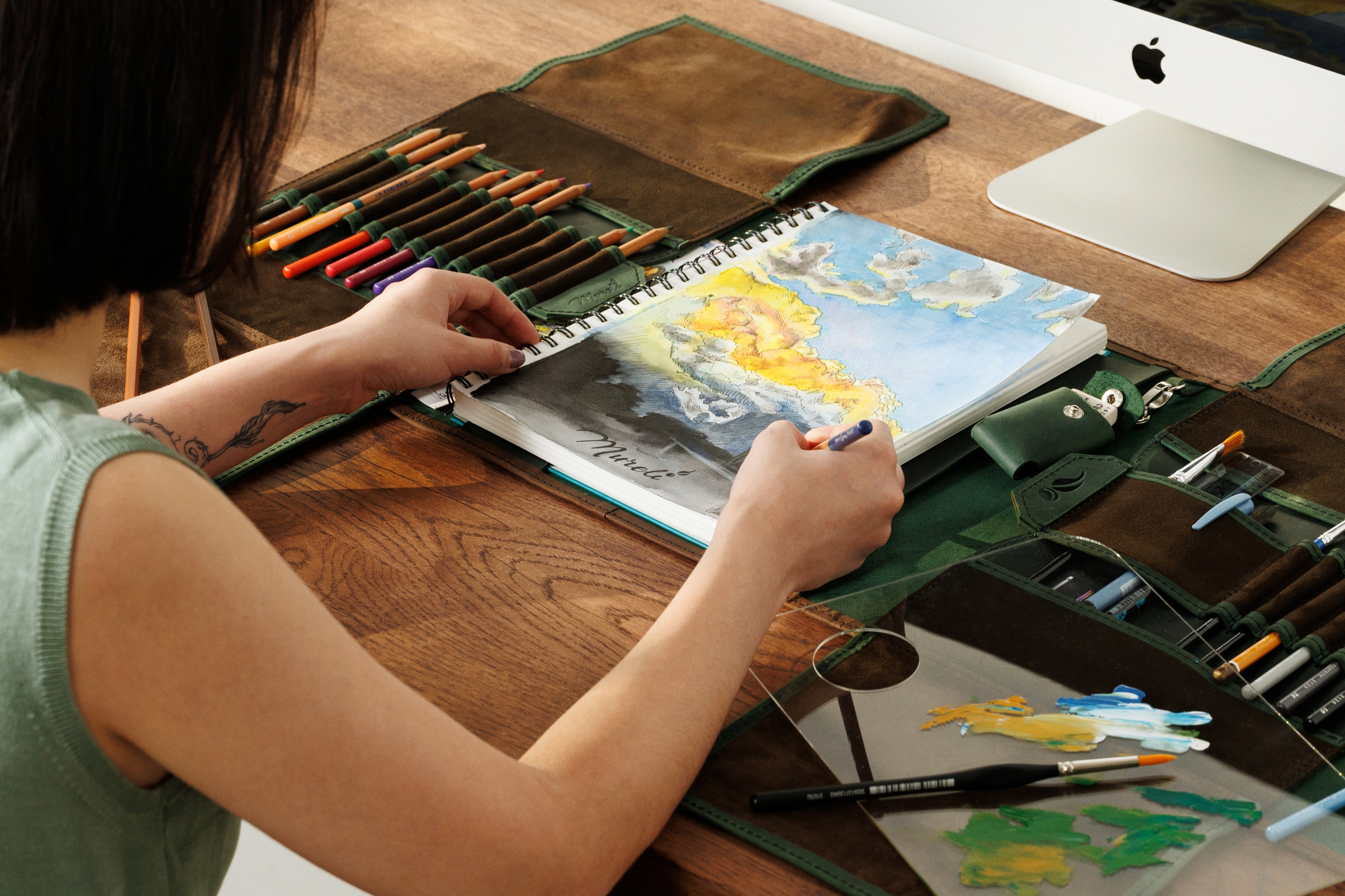 Green brown leather artist kit | Artemis Series