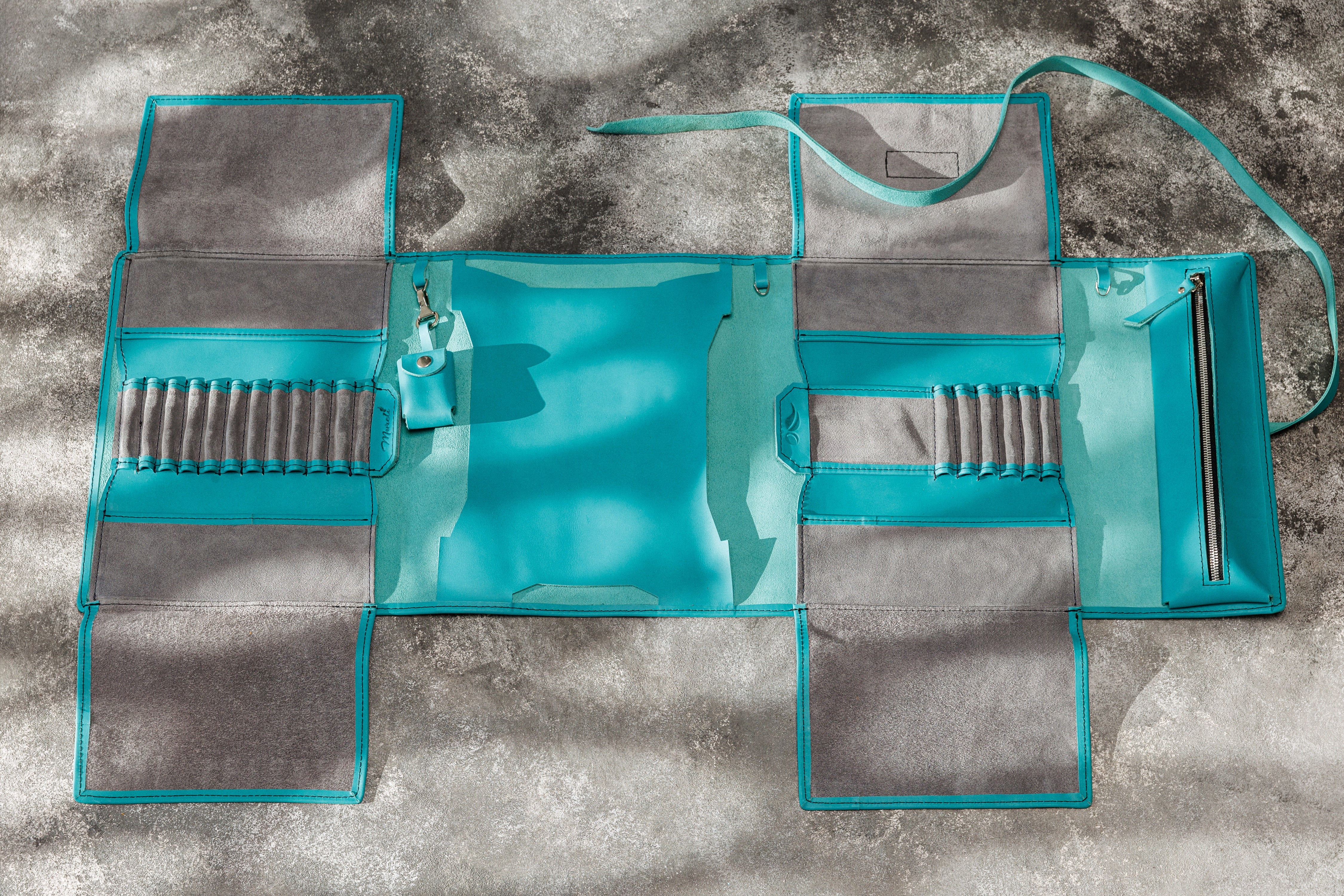 Awakening creativity teal leather art organizer