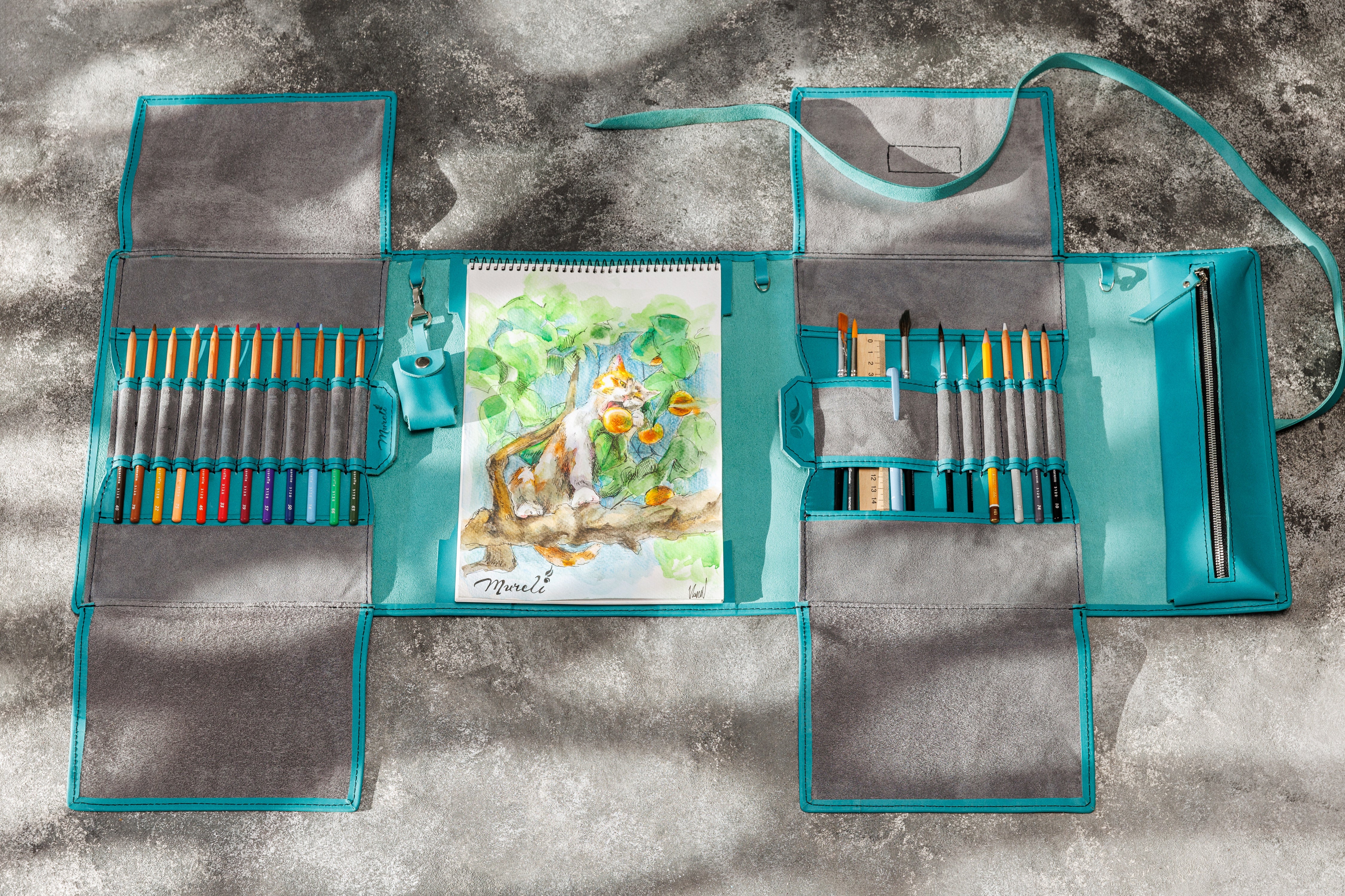 Premium teal leather artist organizer | Handmade with love