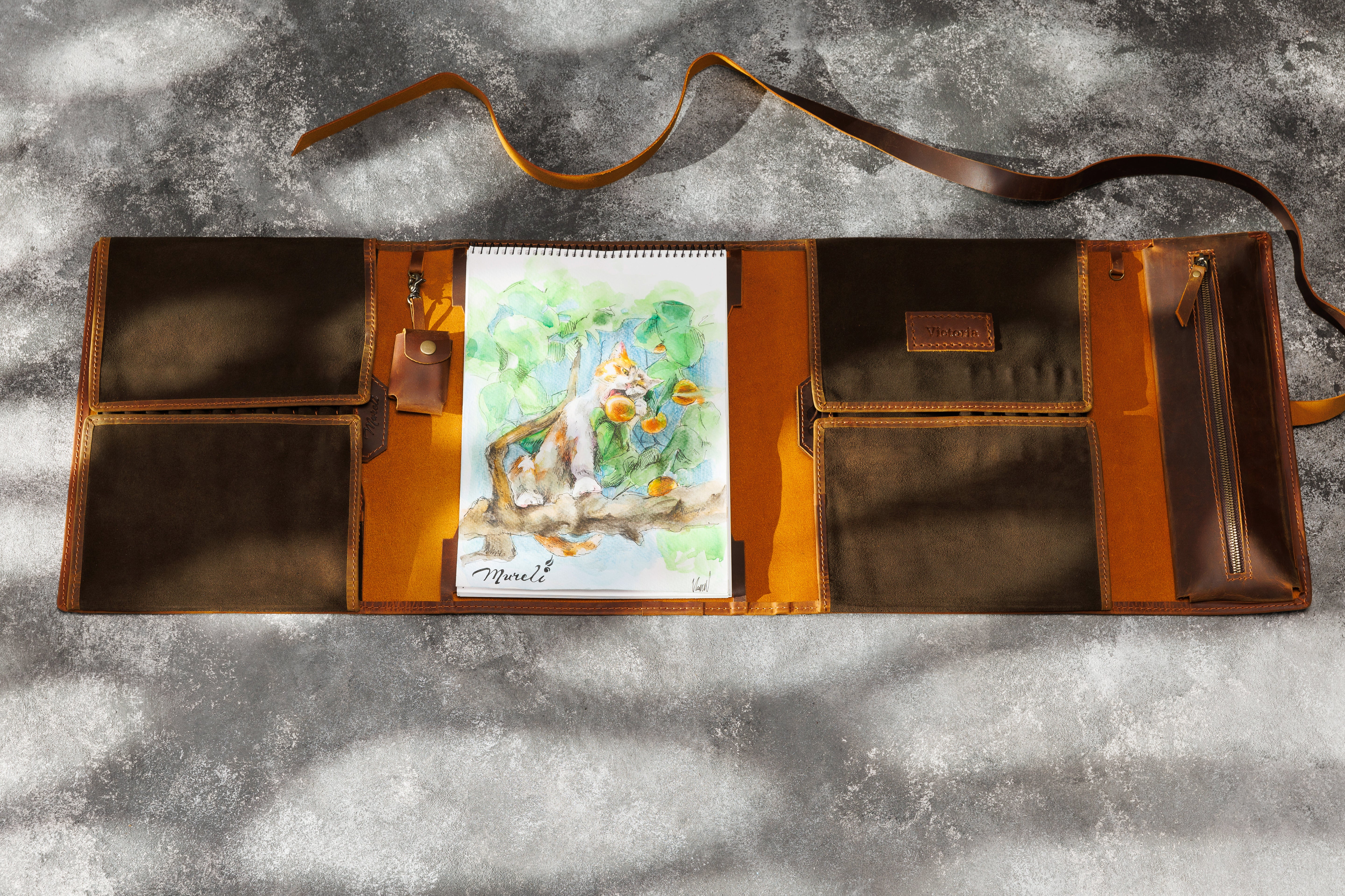 Rich brown whiskey leather artist roll