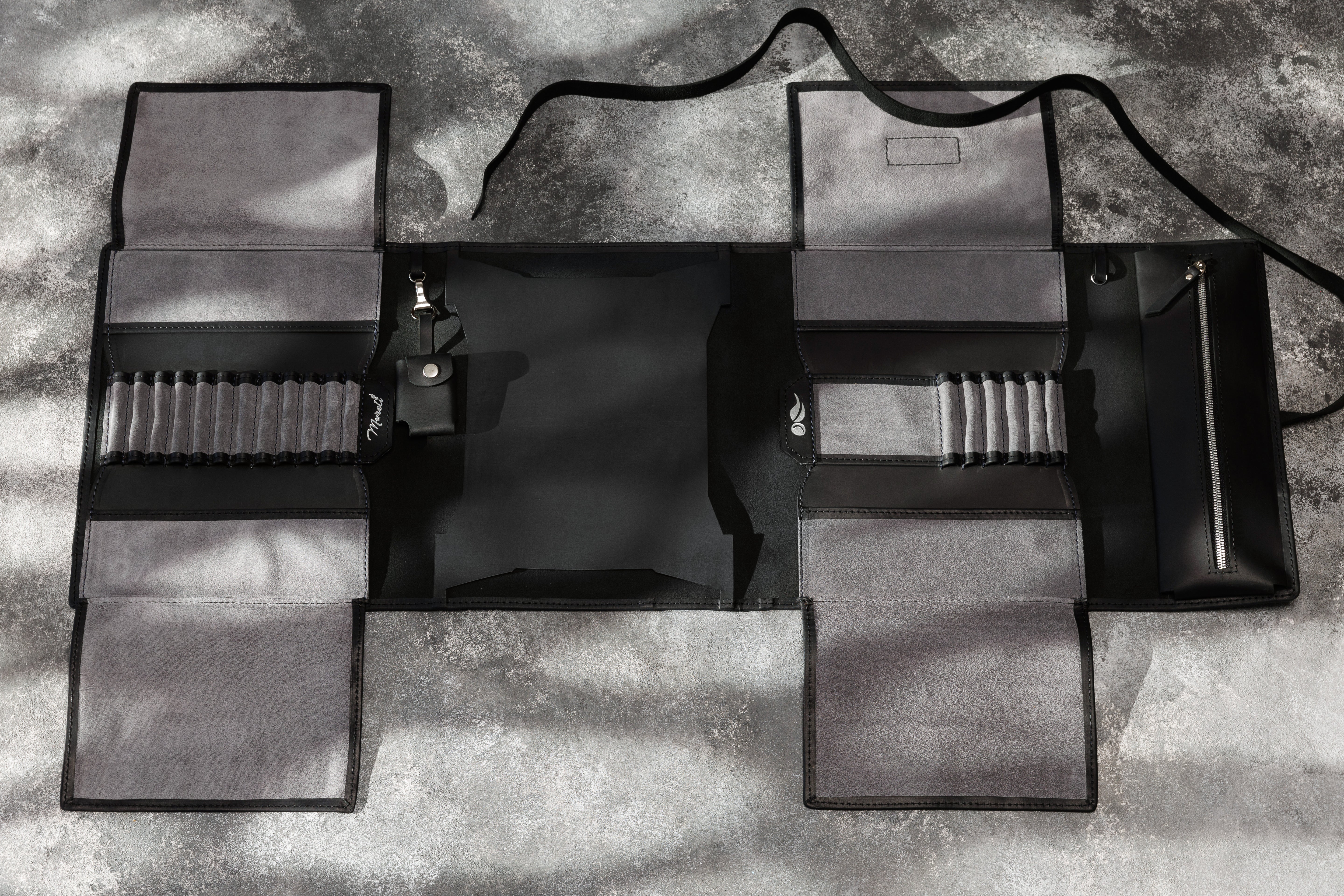Sleek black gray leather art roll | Mureli