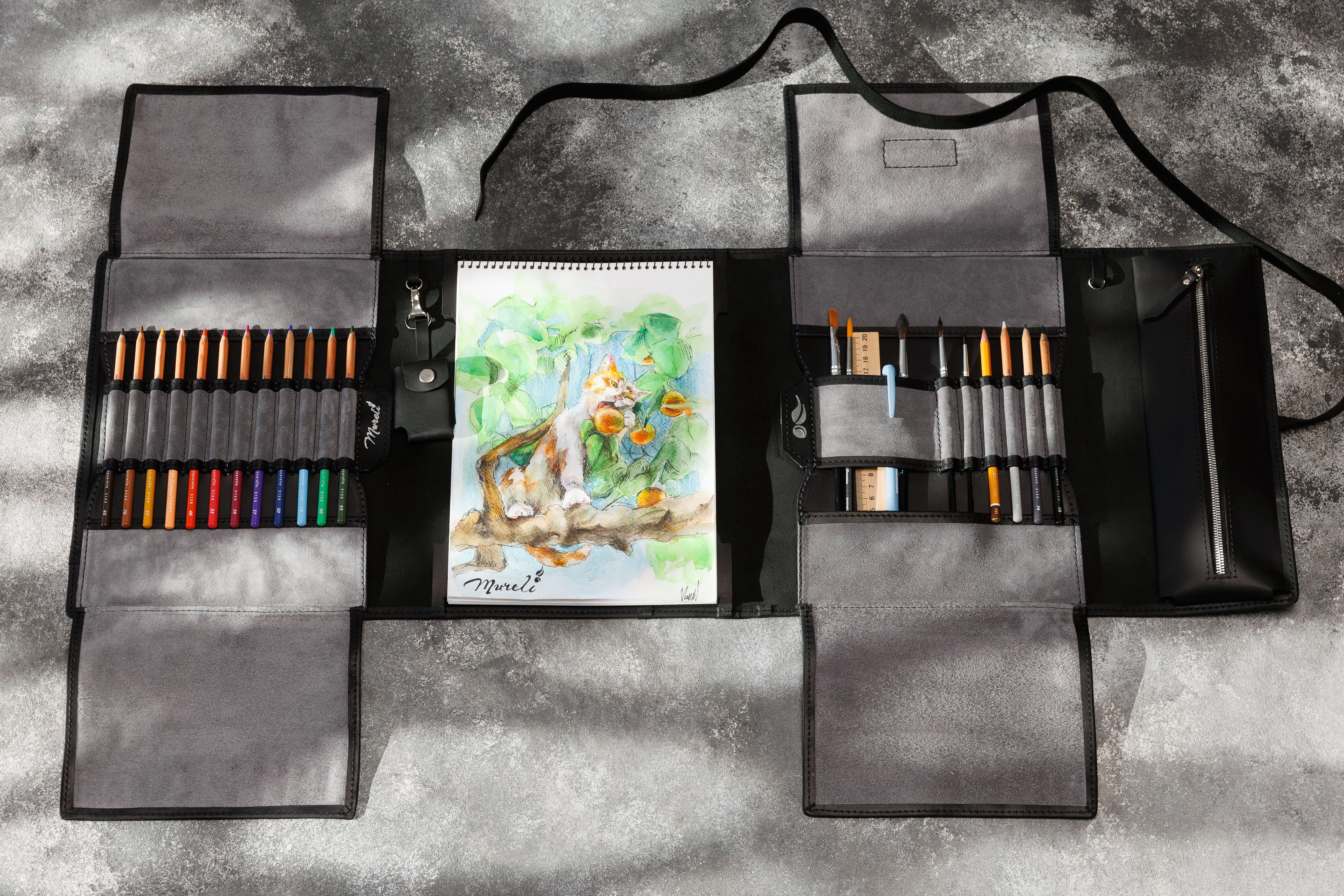 Handmade black gray leather artist case | Inspired by Artemis