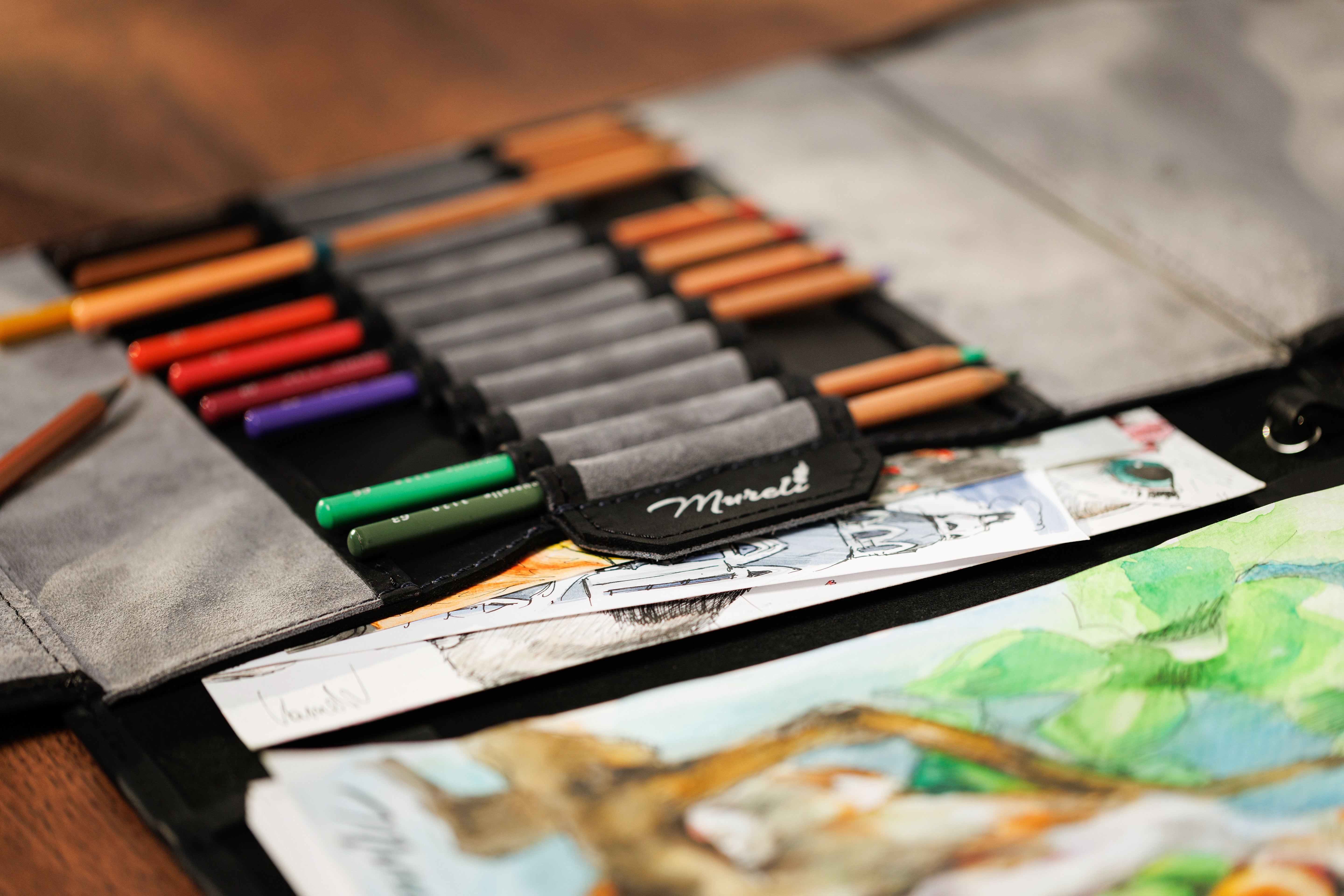 Black gray leather travel art organizer by Mureli