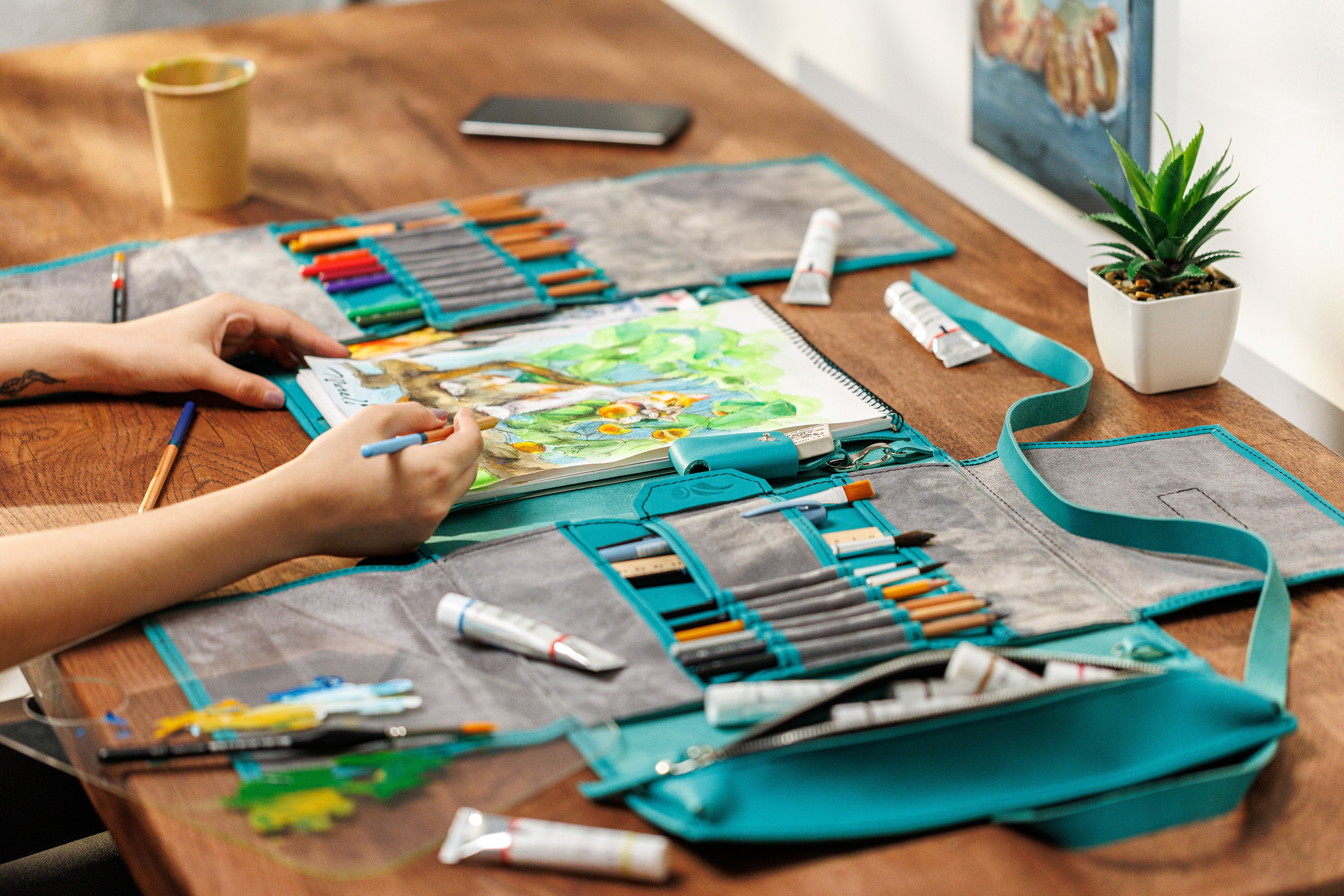 Bright teal leather travel art roll | Inspired by Artemis