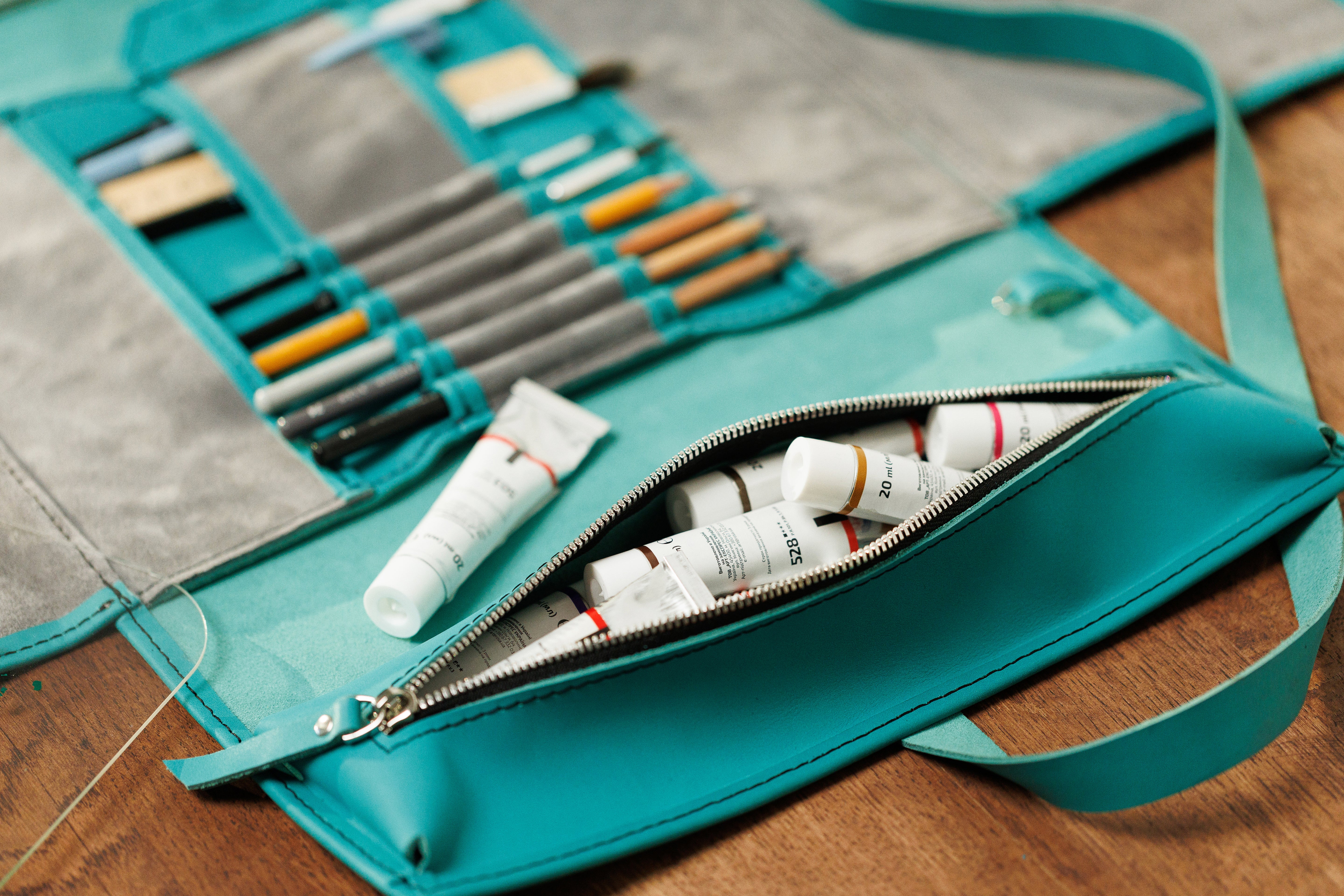 Artisan crafted teal leather art case | Inspired by Artemis