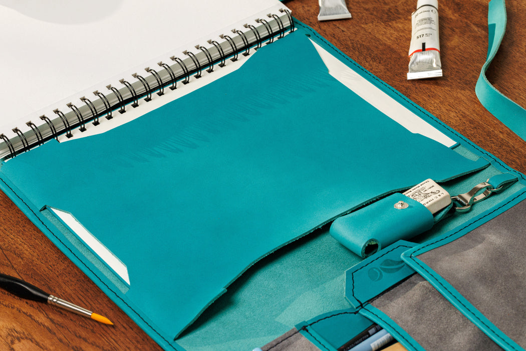 Vibrant teal leather sketch organizer | Mureli Workshop