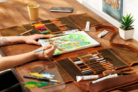 Luxury ginger leather art organizer by Mureli