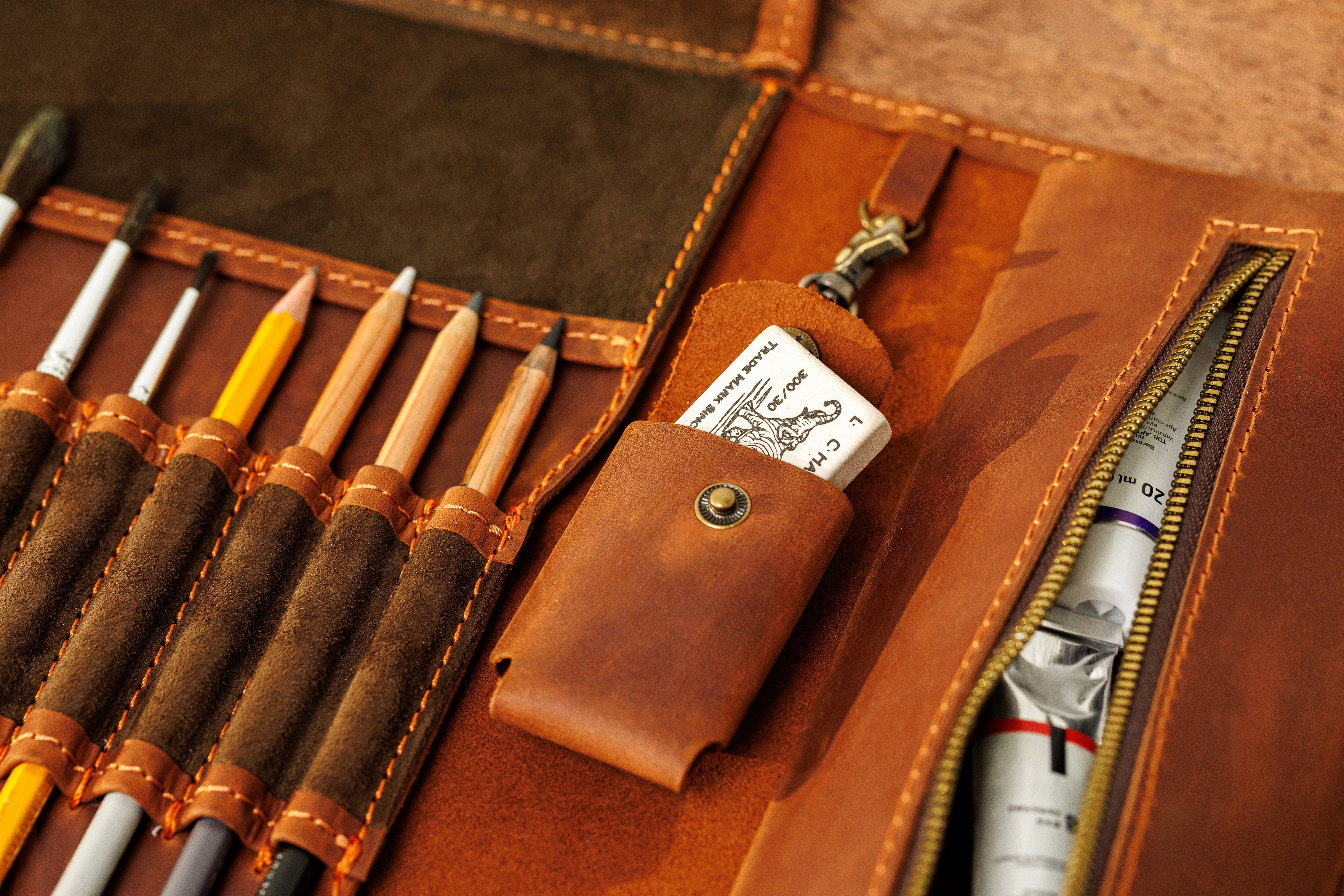 Handmade vibrant ginger leather sketch case