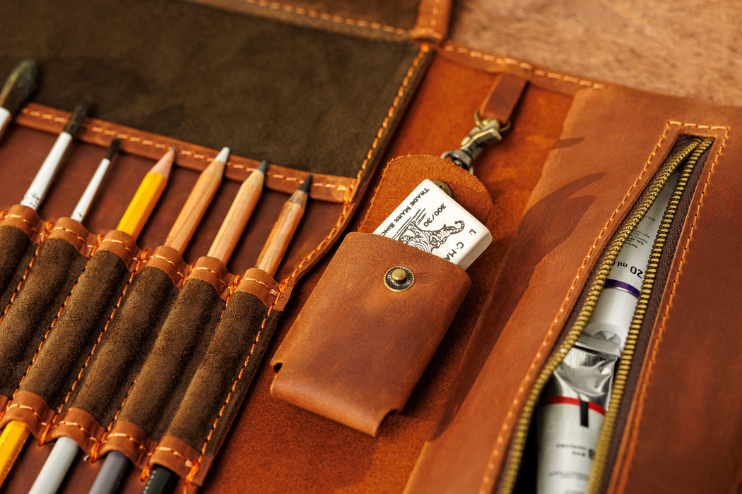 Handmade vibrant ginger leather sketch case