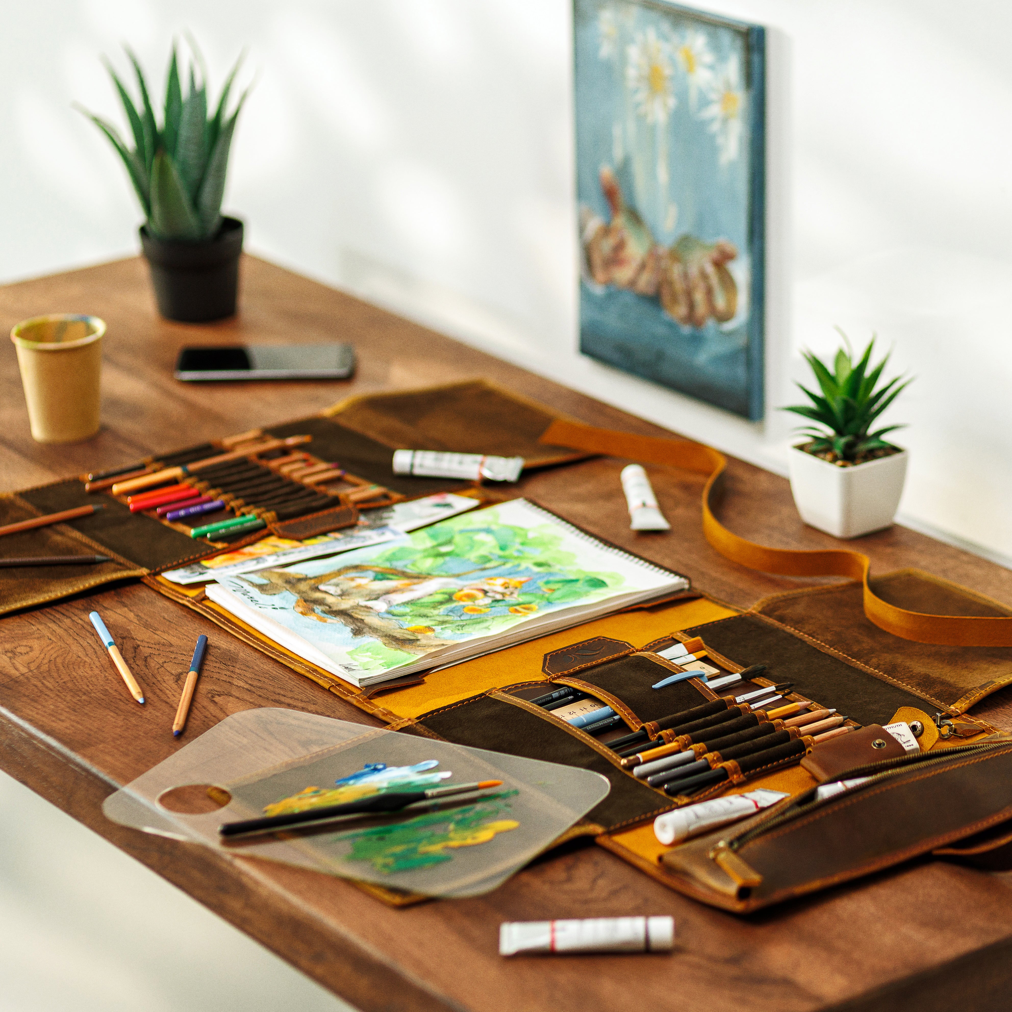 Golden whiskey leather artist travel organizer