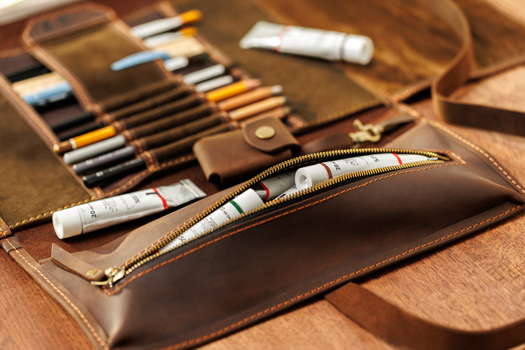 Handmade chocolate brown leather art case | Mureli