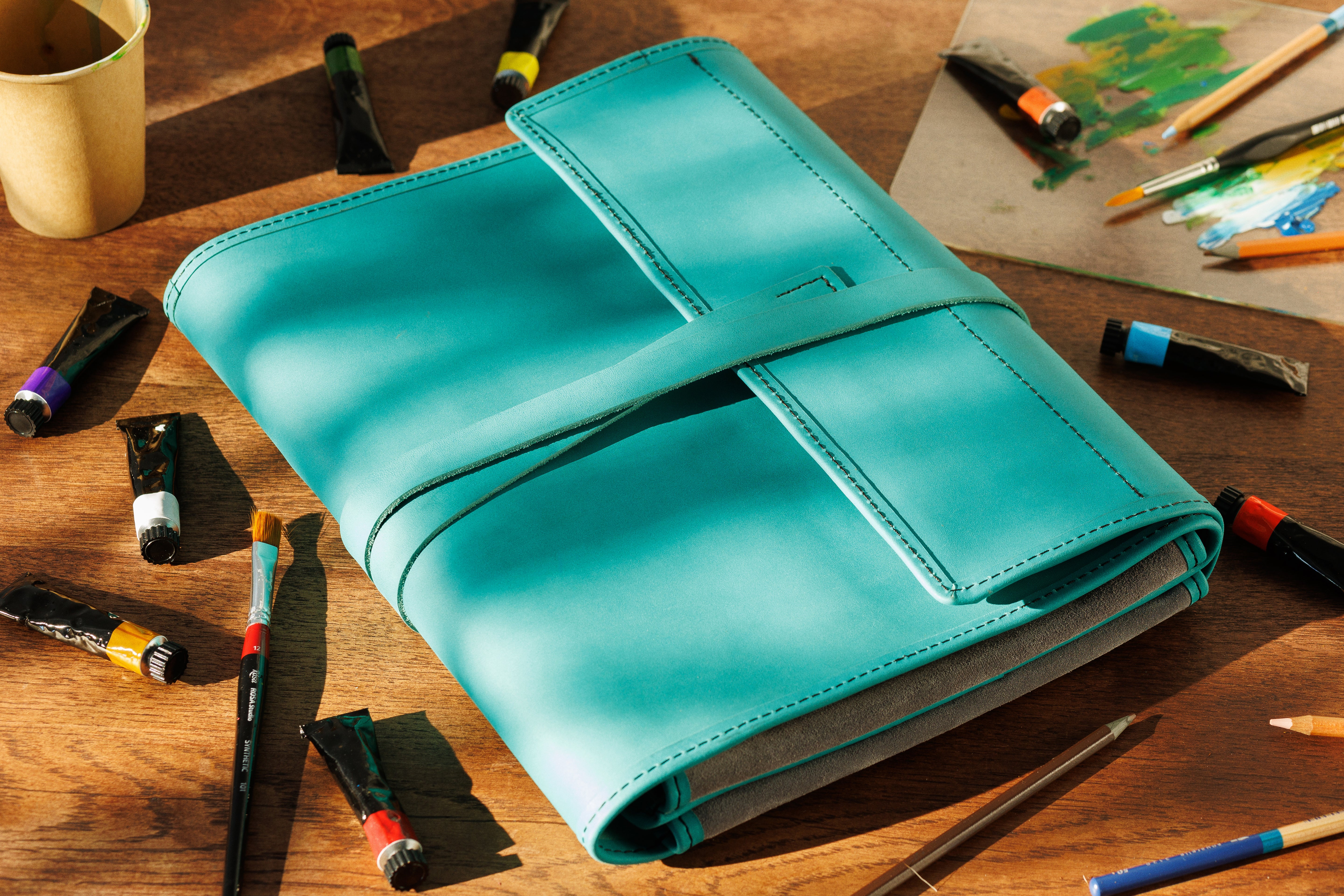 Elegant teal leather drawing organizer