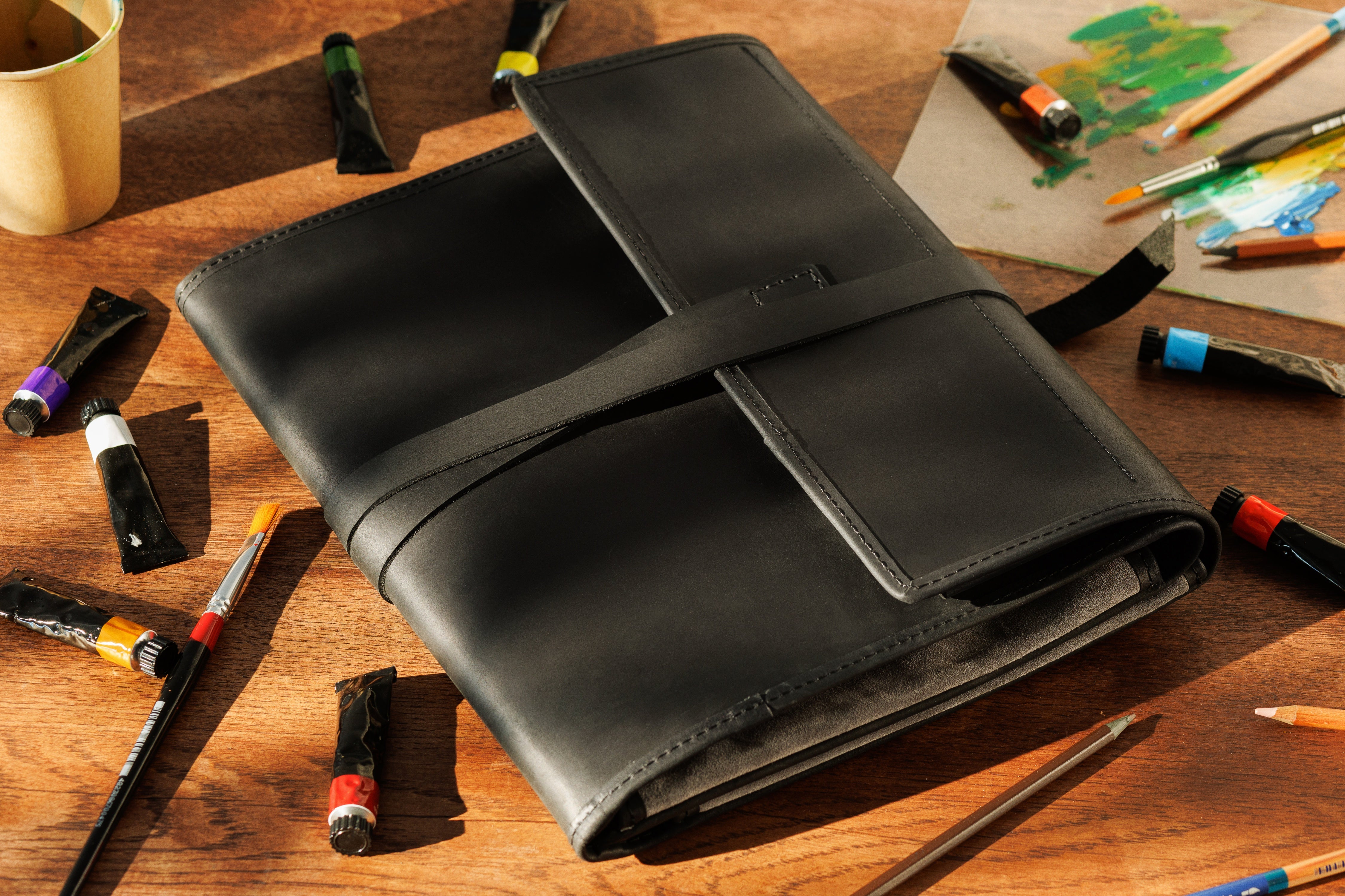 Luxury minimalist leather artist organizer black gray
