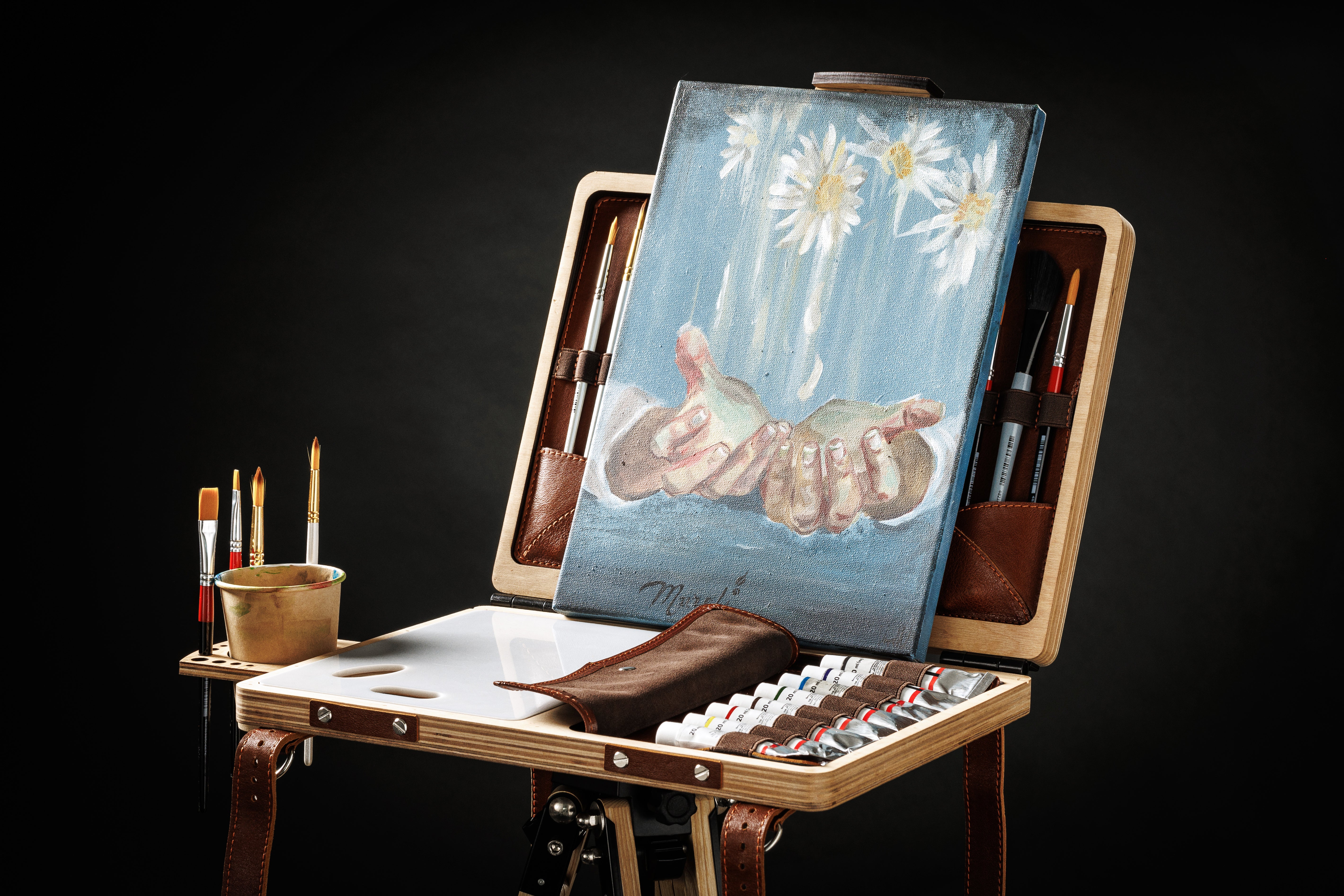 Handcrafted wooden case for brushes and paint tubes