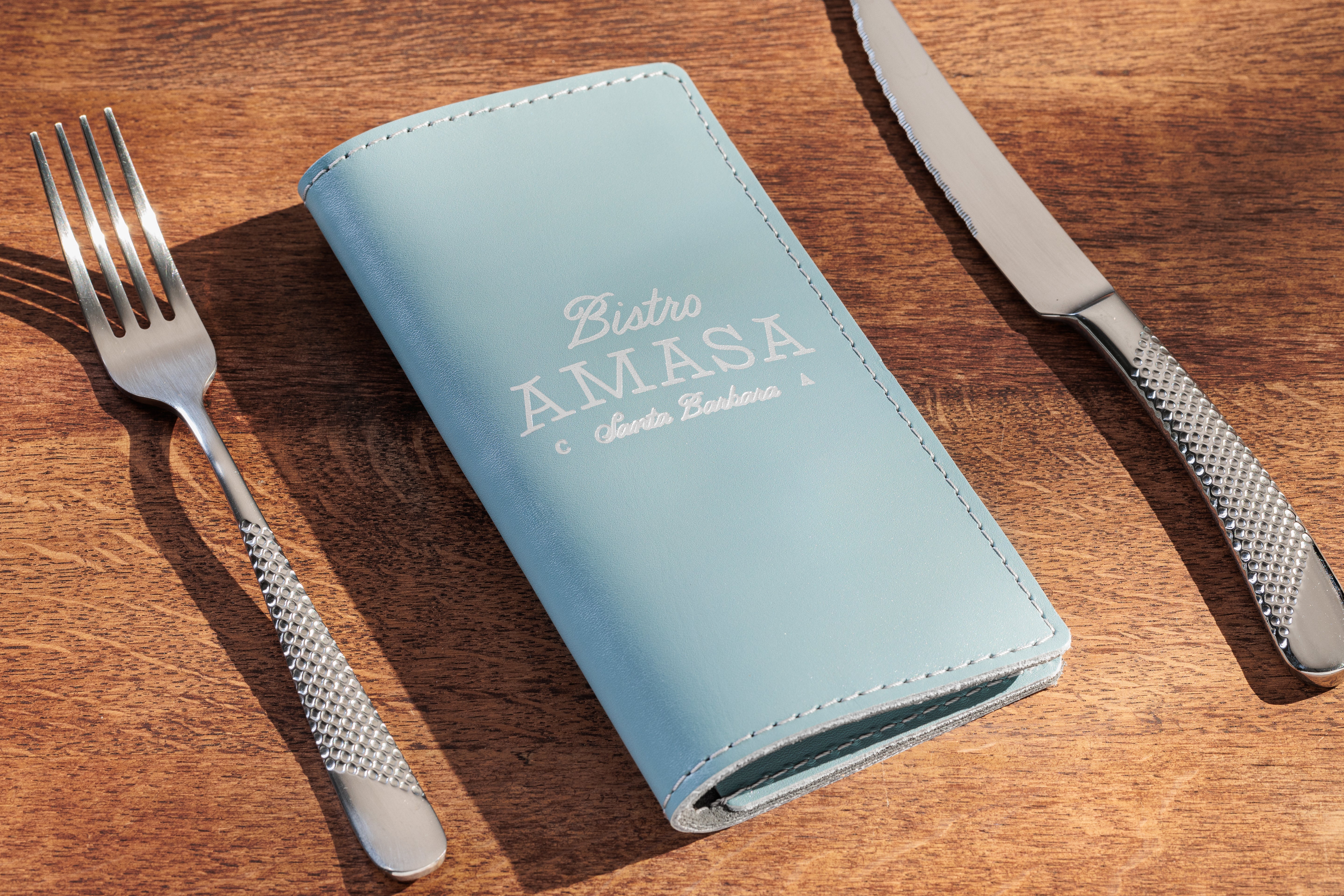 Custom | Personalized Ice Blue Heavy-Duty Check Presenters for fish restaurants (Or choose other leather color)