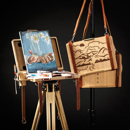Portable artist organizer easel made of wood and leather