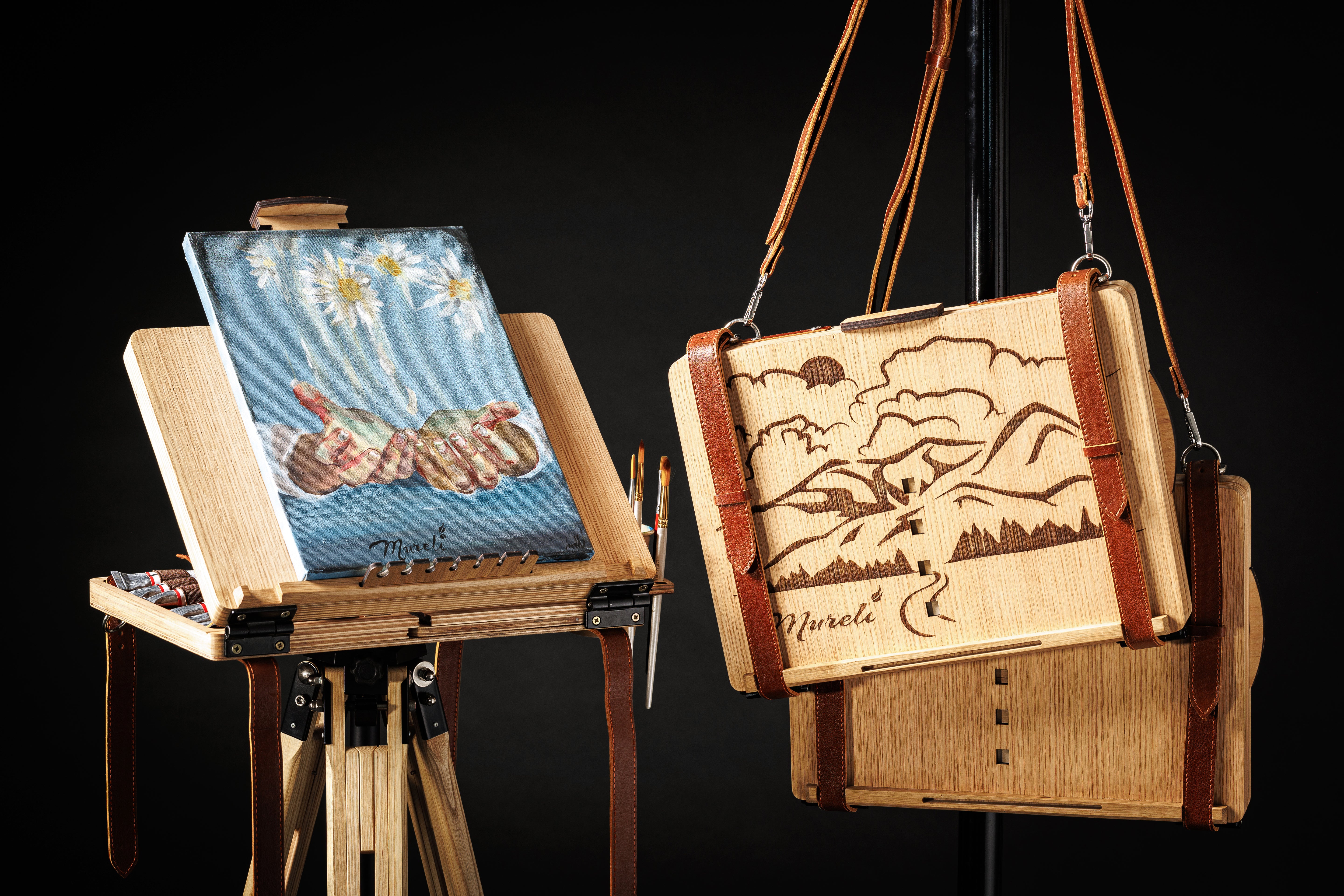 Easel with leather handle and wooden body