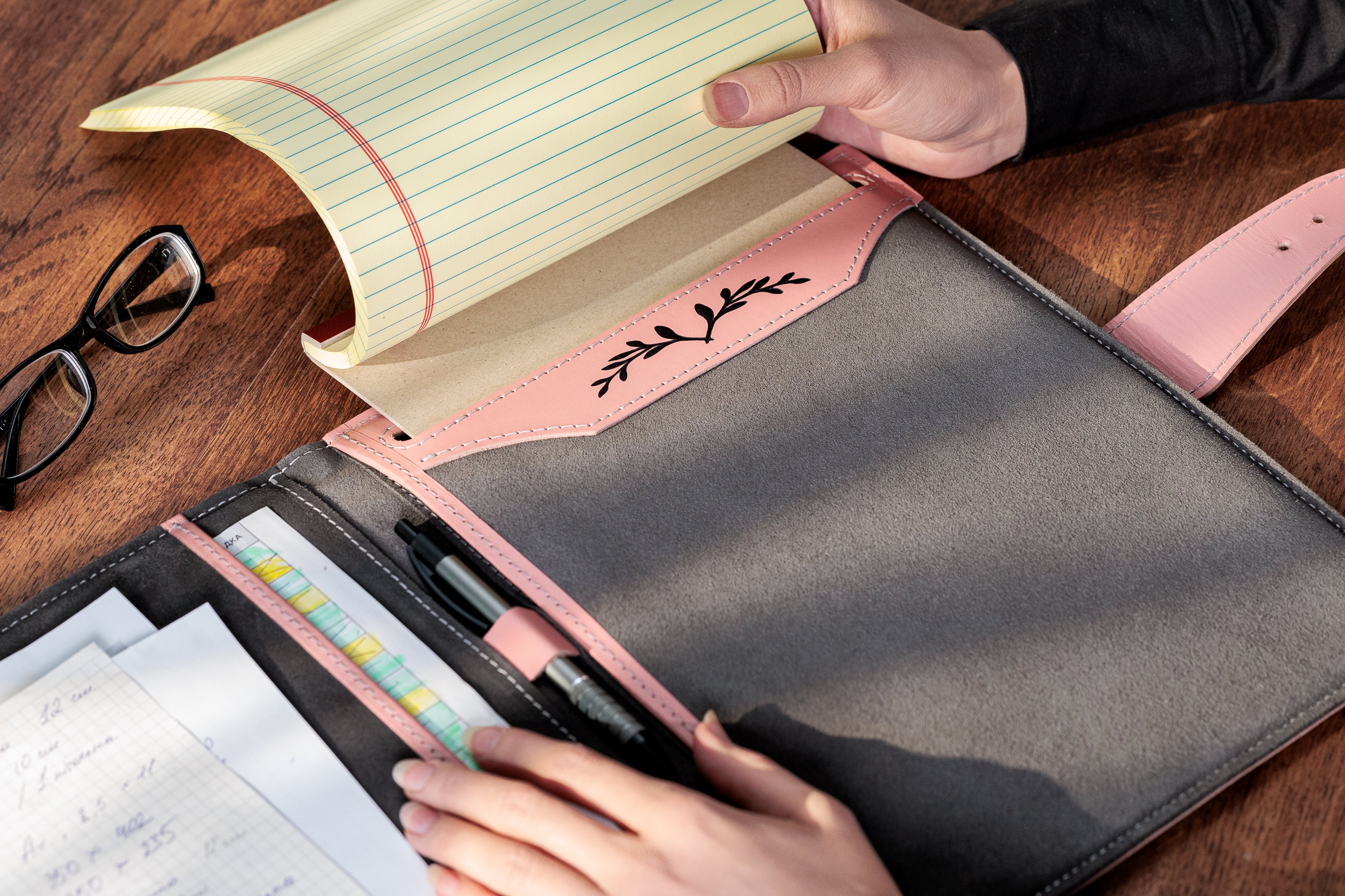 Stylized Personalized Pink Leather Portfolio Folder A4 | Women’s Document Organizer with Your Name