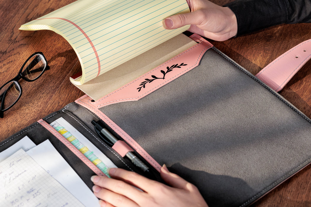 Stylized Personalized Pink Leather Portfolio Folder A4 | Women’s Document Organizer with Your Name