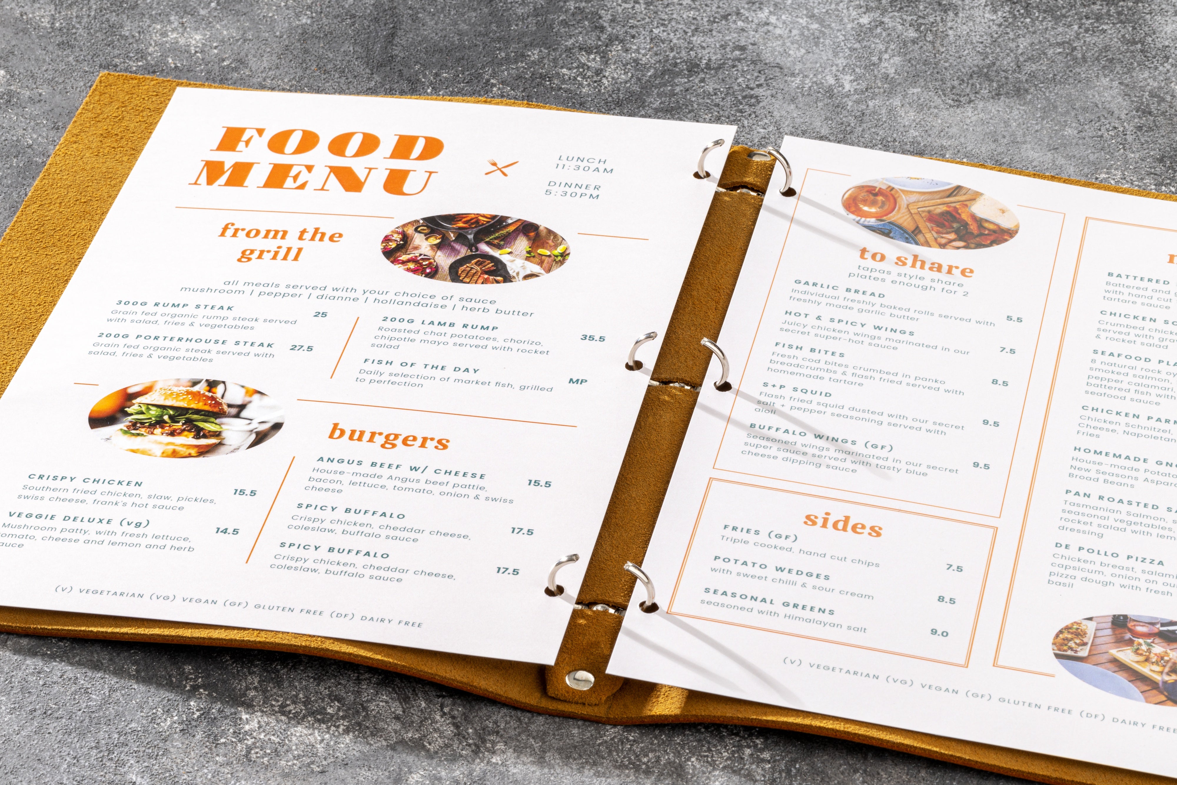 High-quality leather menu book with custom printed pages partially inserted