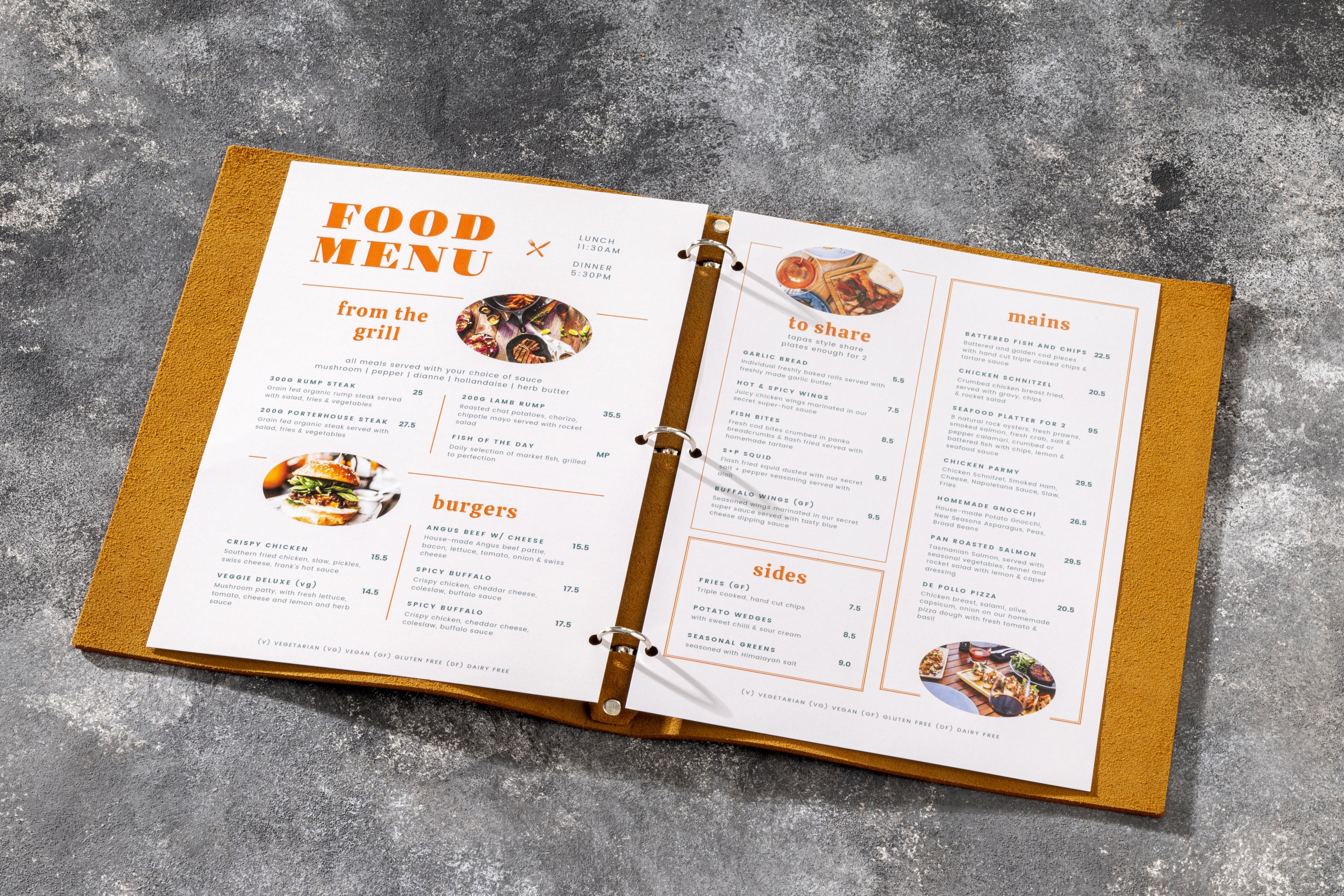 Premium leather menu book with gold-foil embossed "Stars 'n Cacio" logo