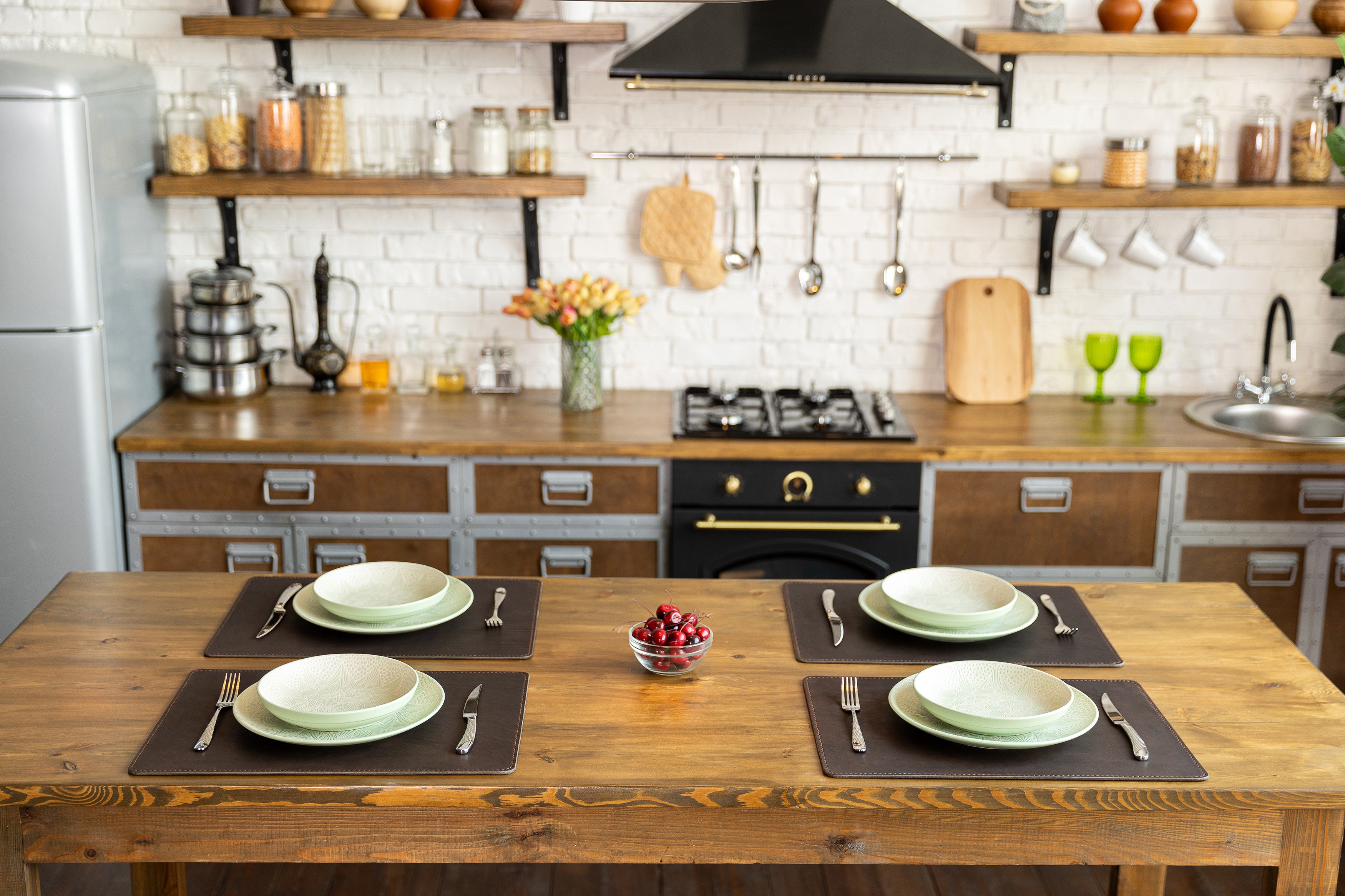 Personalized Brown Leather Placemat Set for Dining Table | Luxury Rustic Look