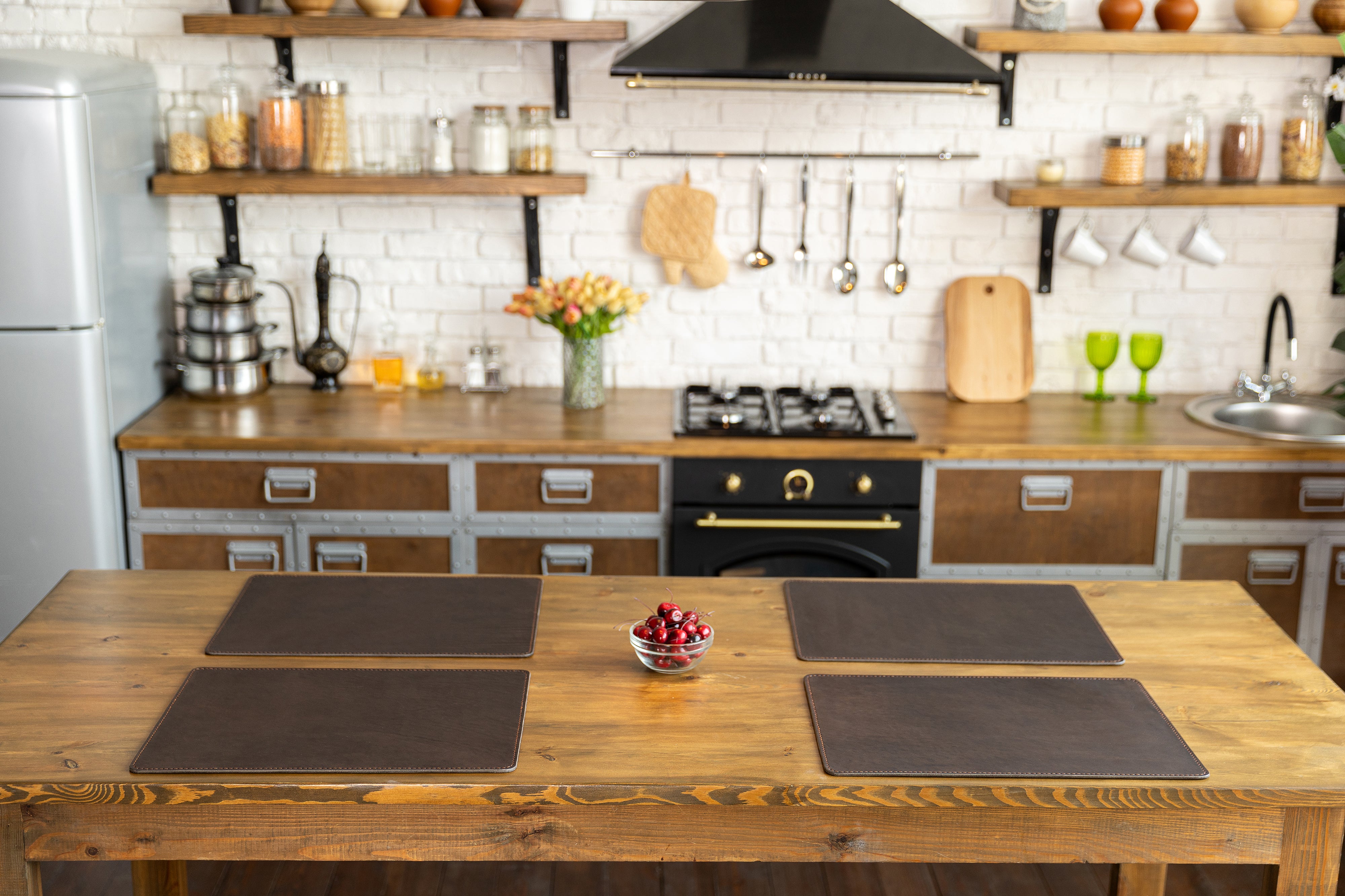 Handmade Brown Leather Placemat Set | Custom Logo or Monogram | Premium Gift
