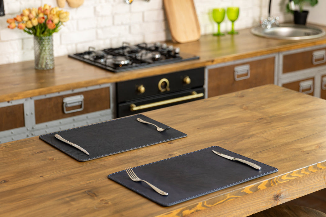 Premium Dark Blue Leather Placemats | Made to Order with Personalization
