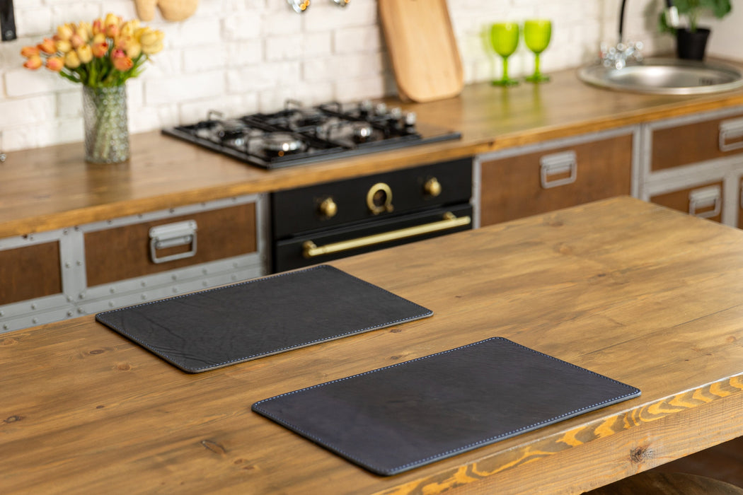 Dark Blue Table Placemats in Genuine Leather | Custom Hot Stamping