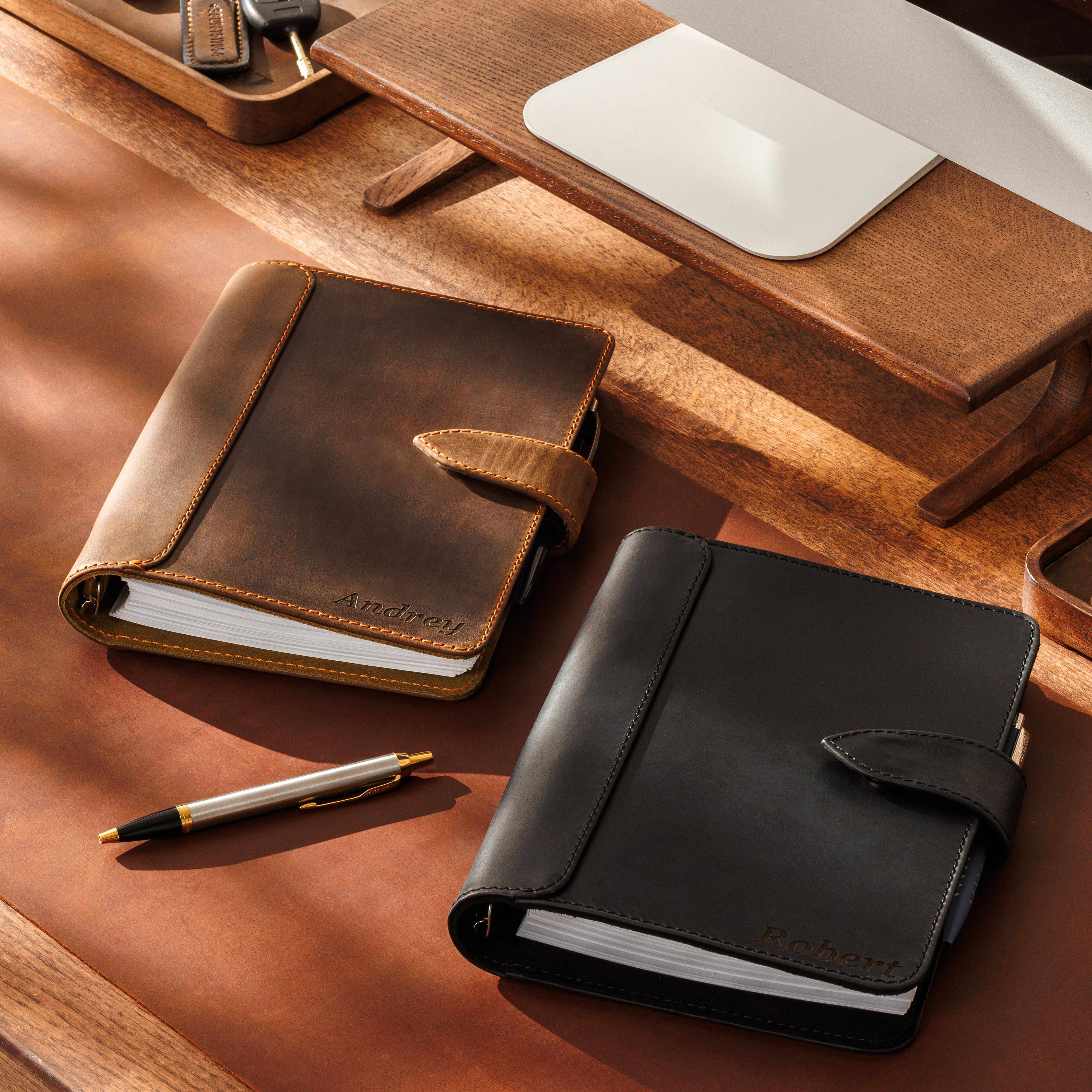 Close-up of edge-wrapped leather binding with personalized engraving