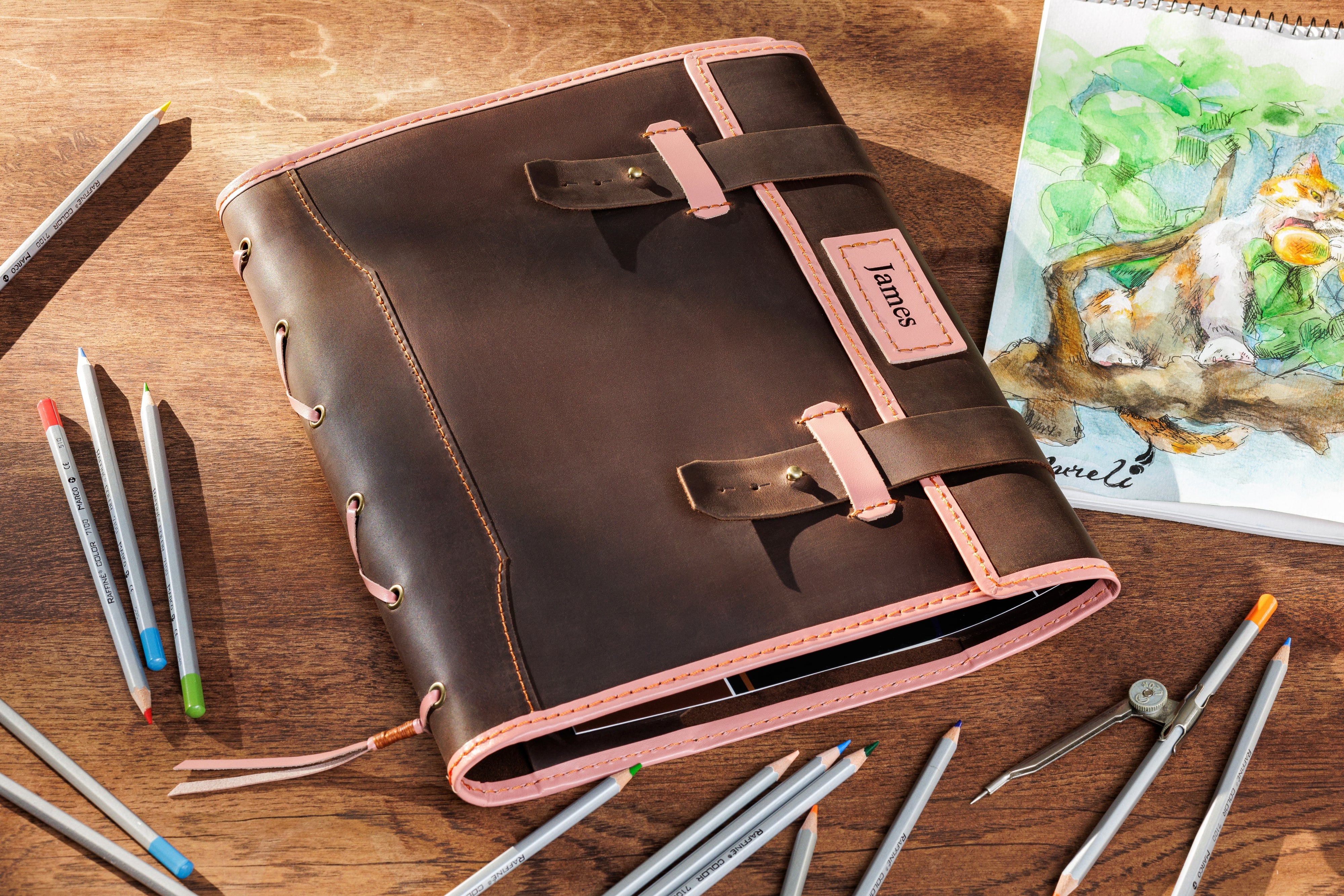 Personalized Brown & Pink Leather Sketchbook A4/9×12 – Personalized Artist Gift by Mureli