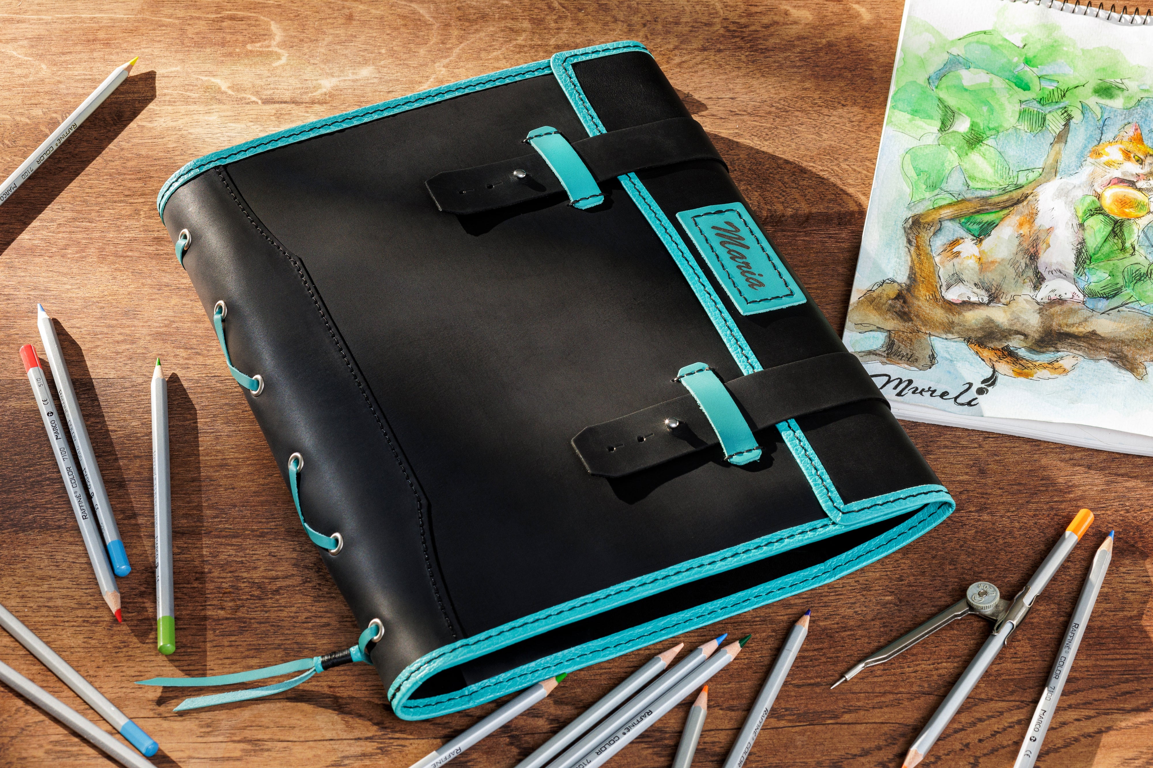 Personalized Leather La Vita Sketchbook — Black & Mint Edition  | A4/9×12 – Personalized Artist Gift by Mureli